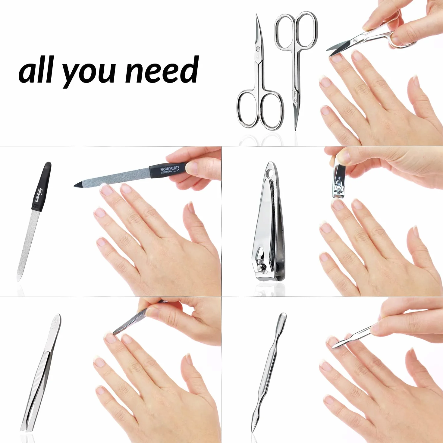 Solingen Zestaw do manicure dla kobiet i mężczyzn, 7-częściowy zestaw do pedicure, wyprodukowany w Niemczech, z cążkami do paznokci, eleganckie i poręczne, modne skórzane etui, idealny na prezent, do