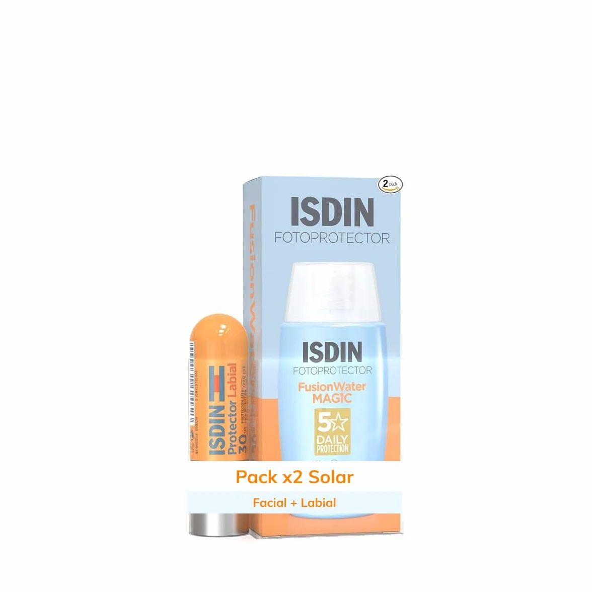 ISDIN Fotoprotection Pack Fusion Water MAGIC SPF 50, ultra lekka konsystencja twarzy krem przeciwsłoneczny z fazą wodną 50 ml i ochraniacz na usta SPF 30 chroniący, naprawia i nawilża usta 4 g
