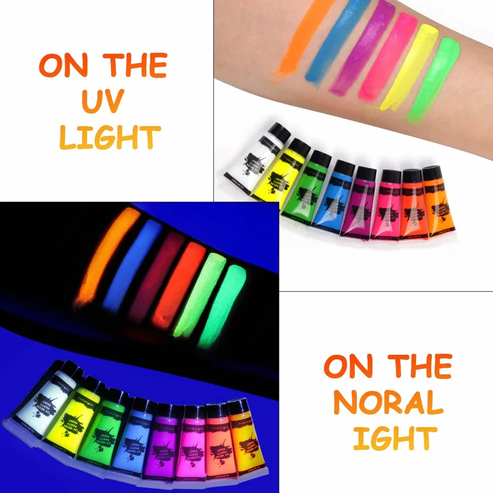 AOOWU Zestaw farb do twarzy 8 kolorów UV neonowa fluorescencyjna nietoksyczna z pędzlem paletowym