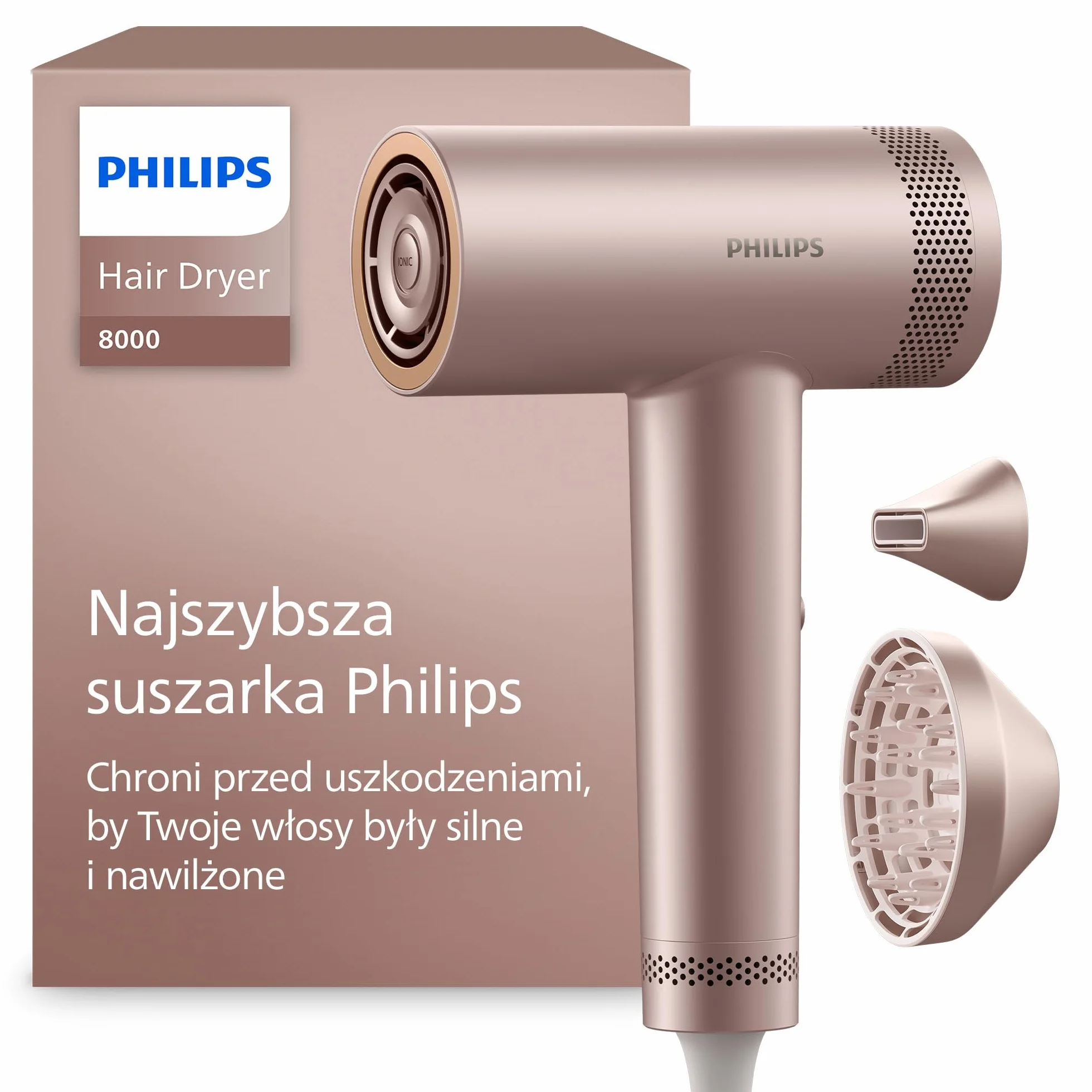 Philips Suszarka z serii 8000: ThermoShield Advanced i bezszczotkowy silnik DC zapewniają szybkie suszenie i optymalną pielęgnację, 1400 W, kolor Rose Champagne, nasadka i dyfuzor, model BHD837/10