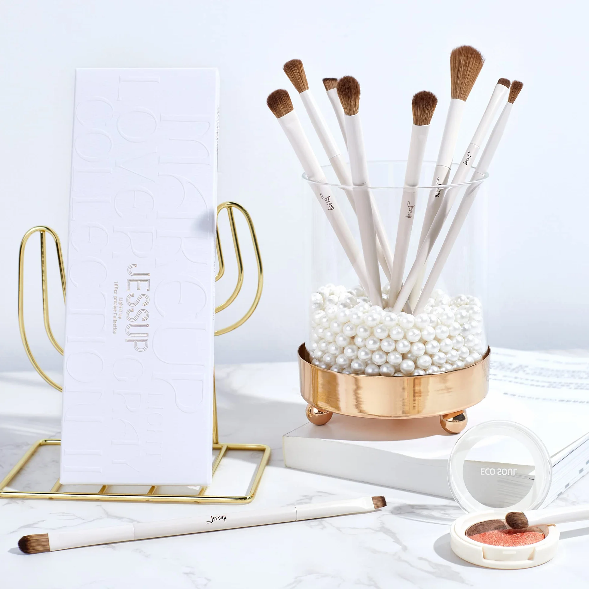 Jessup Precyzyjne pędzle do makijażu 10 szt. zestaw pędzli do makijażu oczu wysokiej jakości syntetyczny cień do powiek korektor eyeliner pędzel do mieszania brwi, jasnoszary T330