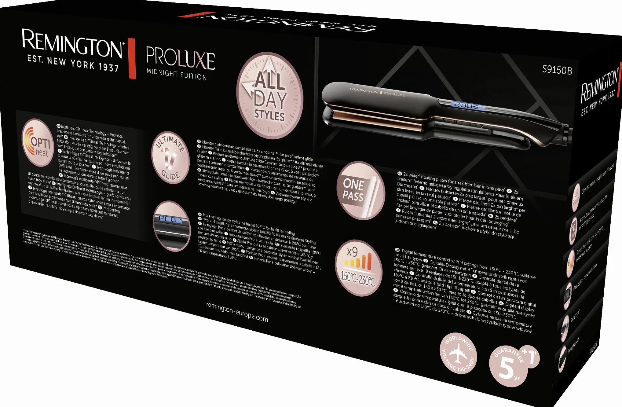 Remington prostownica do włosów, szerokie płytki, tech. OptiHeat utrwala fryzurę do 24h, ceramiczna, zakres temp. 150-230°C, LCD, szybkie nagrzewanie, przewód 3m, czarna, PROluxe Midnight Wide S9150B