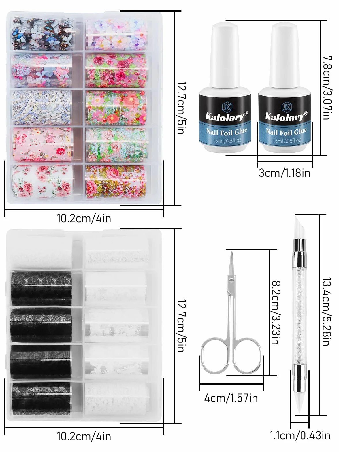 Kalolary Zestaw folii do paznokci holograficzne arkusze foliowe z klejem żelowym do manicure DIY (20P)