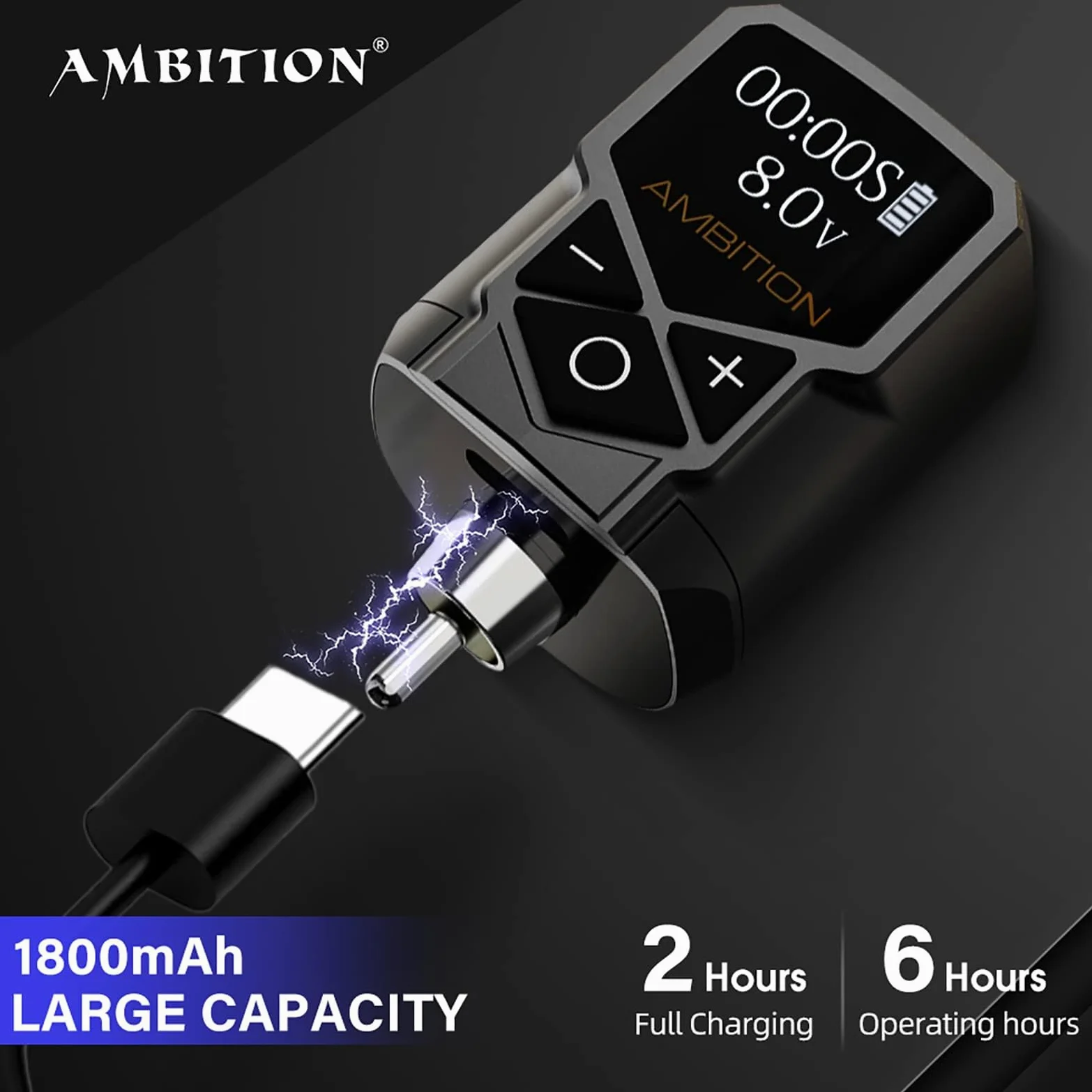Zasilacz do tatuażu - Ambition Kuark Mini Bezprzewodowy przenośny akumulator litowy RCA Tattoo 1800 mAh z cyfrowym wyświetlaczem LED do rotacyjnej maszynki do tatuażu