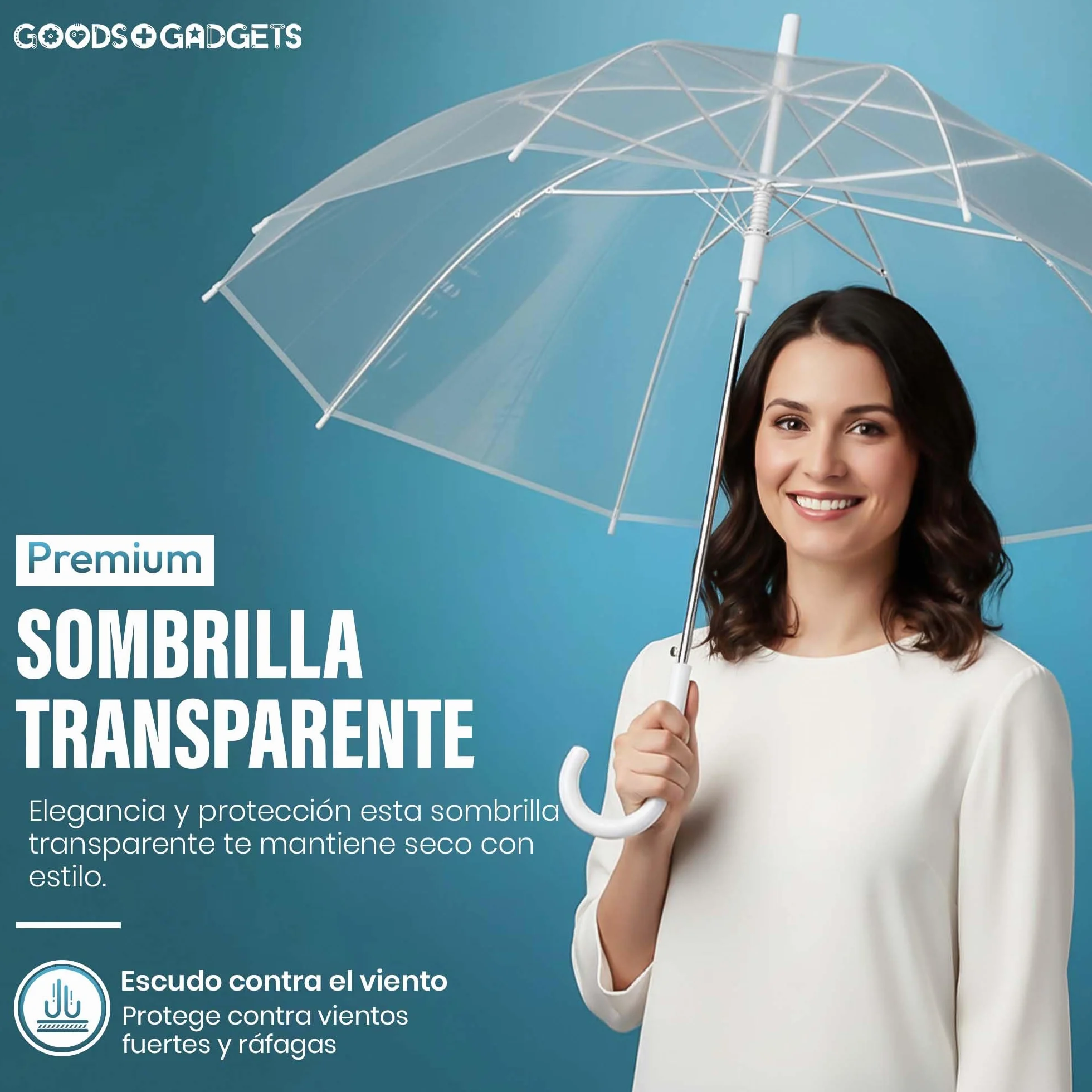 GOODS+GADGETS Parasol przezroczysty, biała laska Ø 100-130 cm; Elegancki parasol w kolorze przezroczystym - modny akcent