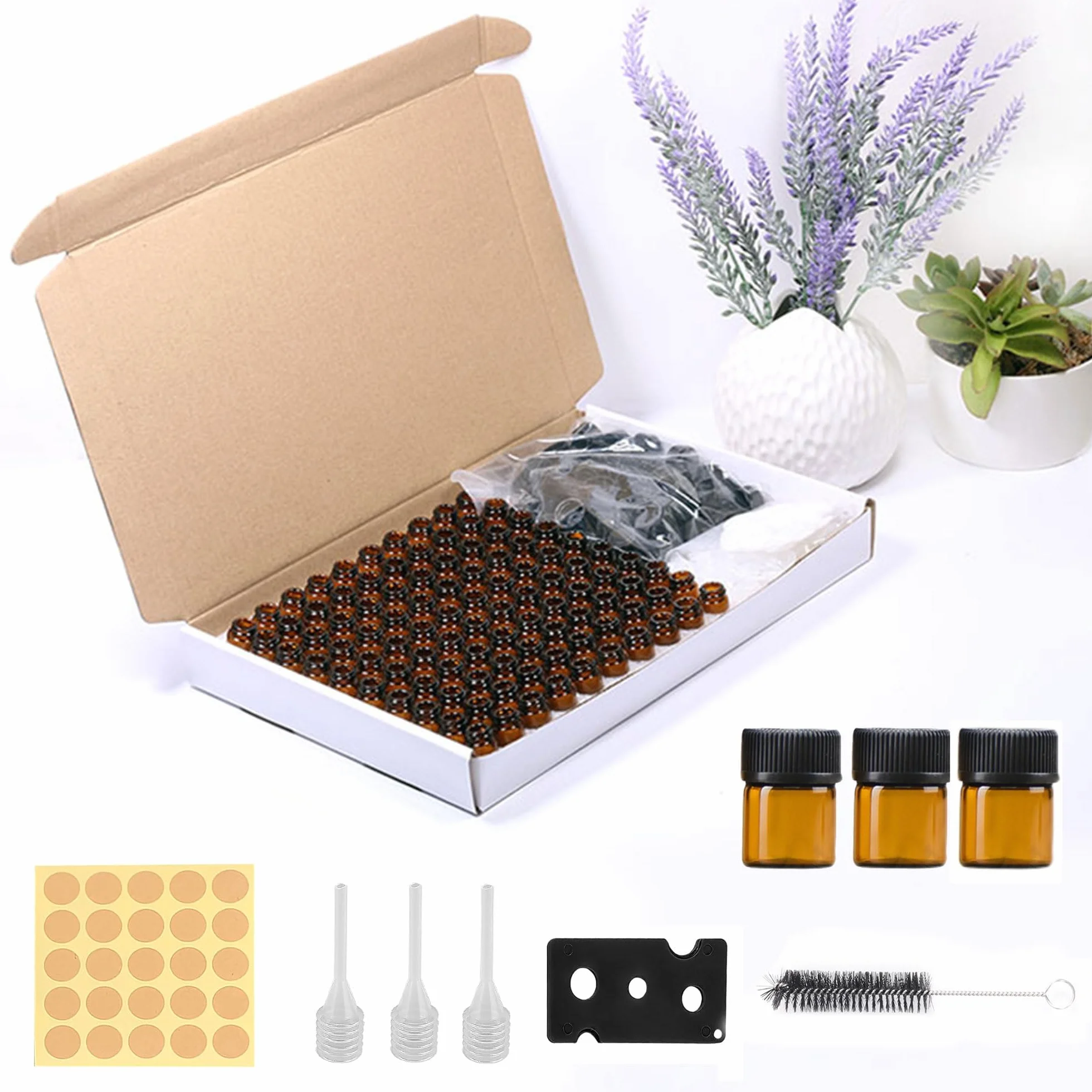100 sztuk mini butelek szklanych z brązowego szkła 1 ml, w zestawie z pędzlem, przecinakiem do koralików, słomką i naklejkami, mini brązowe puste szklane butelki na olejki eteryczne z Orifice, do