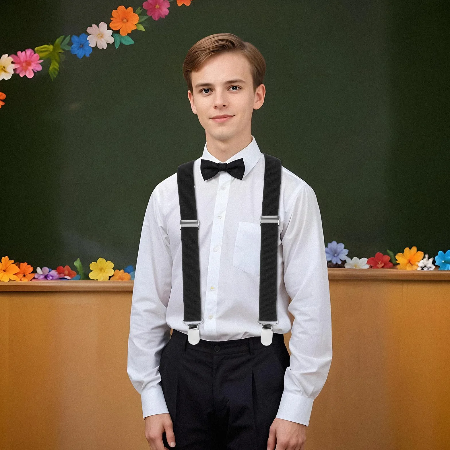 Mabor Szelki chłopięce i dziewczęce, elastyczna konstrukcja z tyłu w kształcie litery Y, regulowany rozmiar, czarny, jeden rozmiar (regulowany do 89 cm), metalowe klipsy, unisex, chłopiec, 1 szt