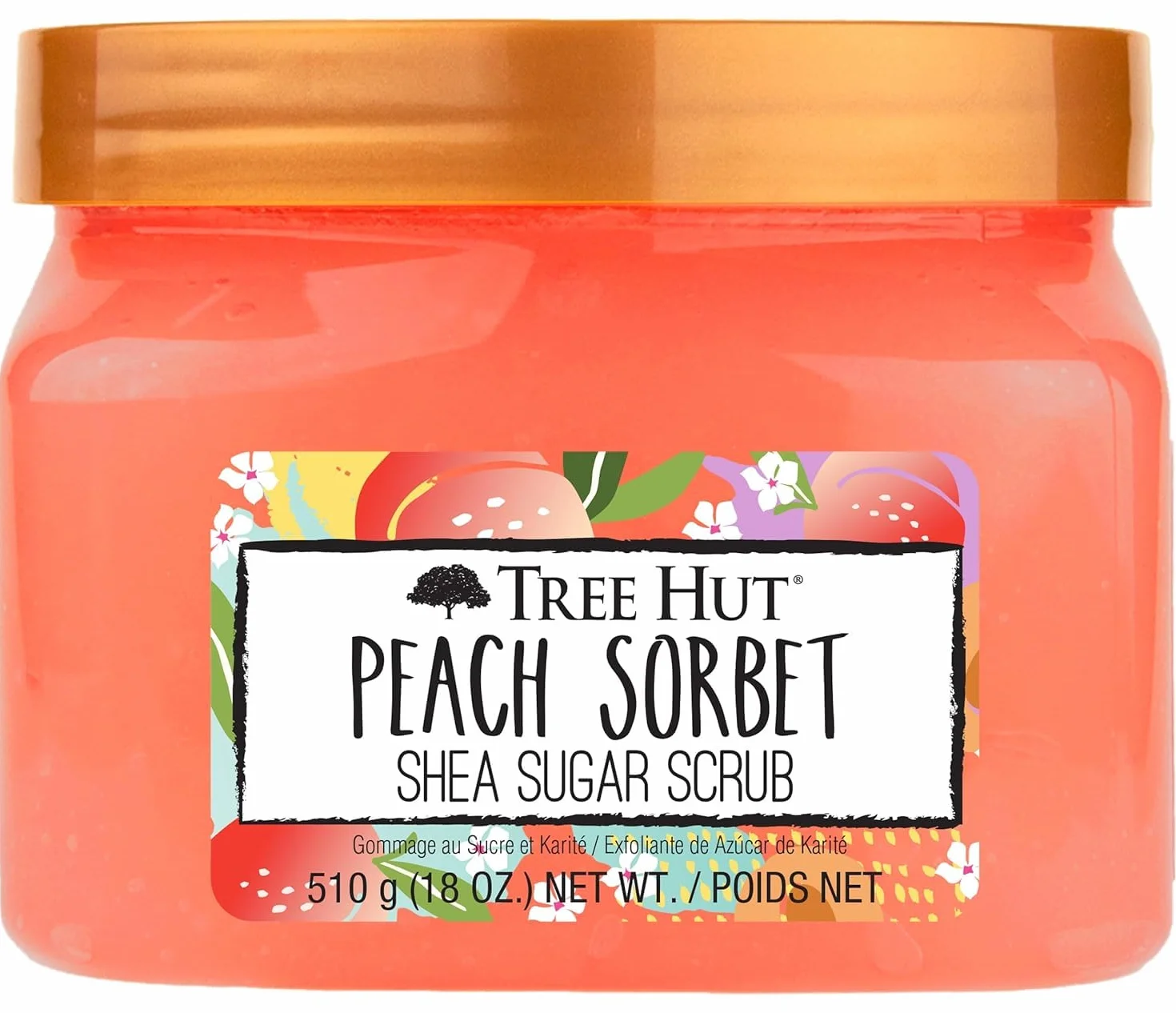 Tree Hut Peach Sorbet Shea Sugar Scrub, 18 uncji, Ultra nawilżający i złuszczający peeling do pielęgnacji niezbędnej pielęgnacji ciała