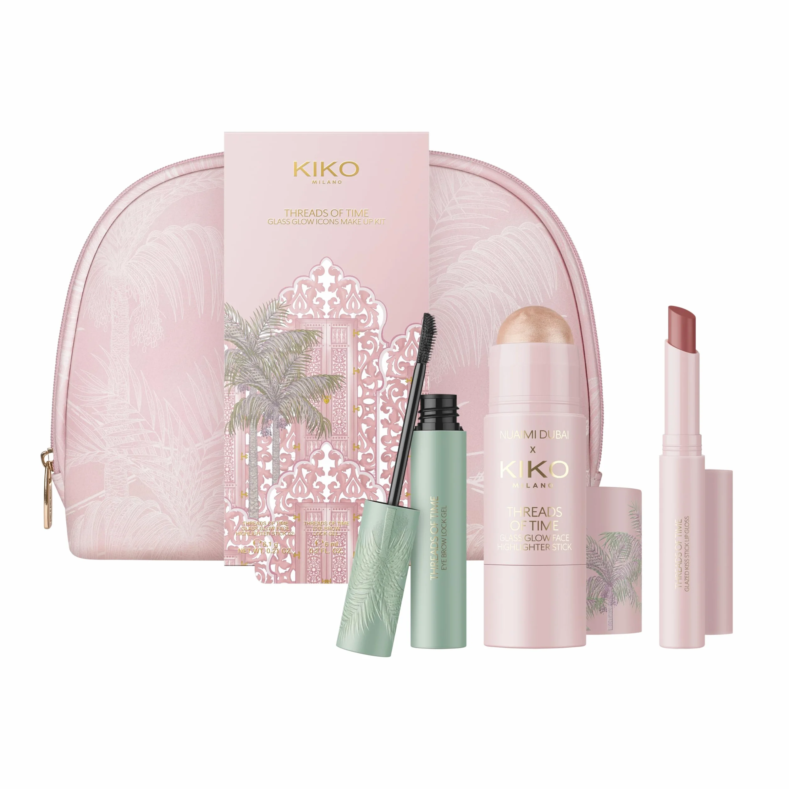 KIKO Milano Threads Of Time Glass Glow Icons Make Up Kit, Zestaw Upominkowy Do Makijażu: Rozświetlacz W Sztyfcie, Wosk Do Brwi I Błyszczyk W Sztyfcie