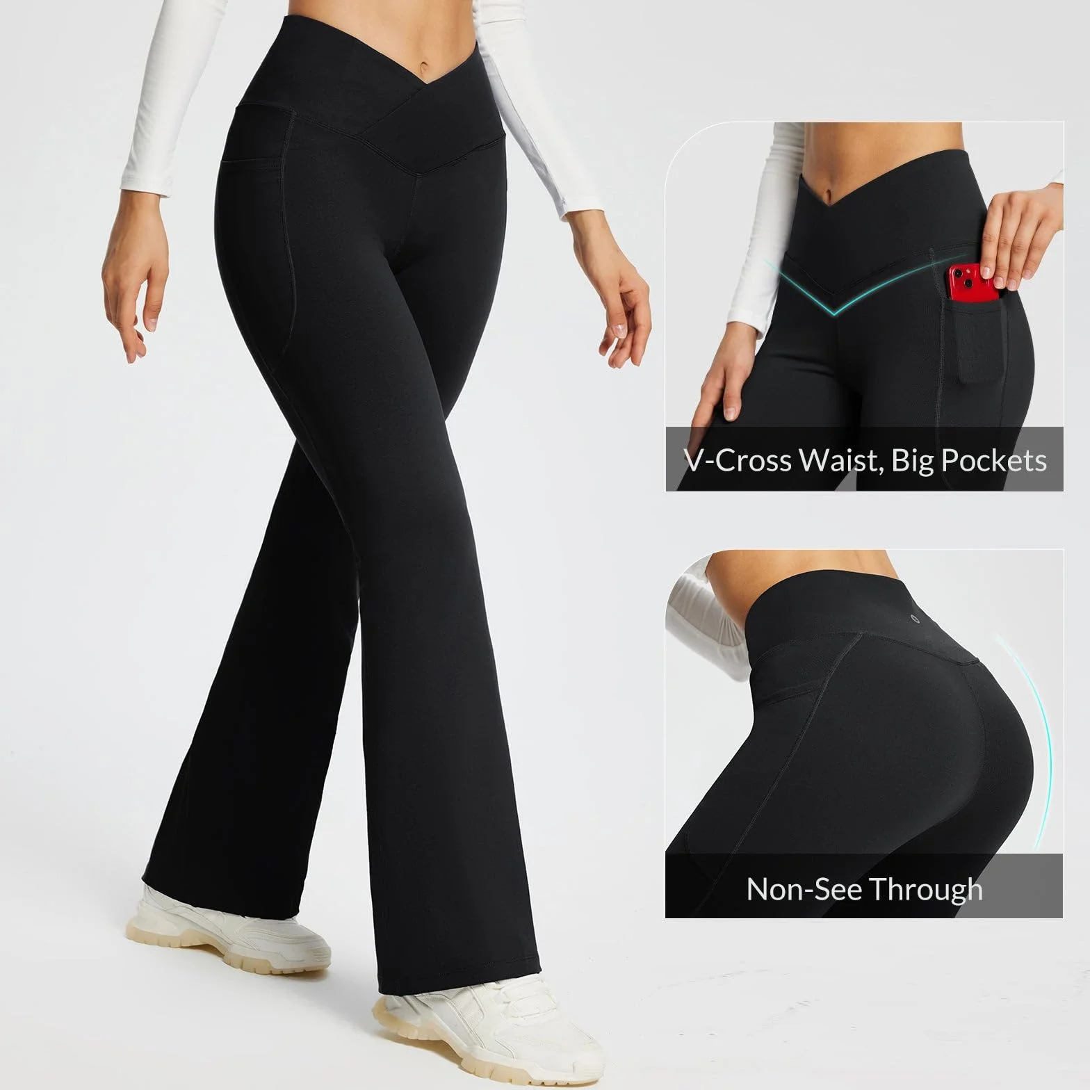 BALEAF Damskie spodnie do jogi z kieszeniami High Waisted Flare legginsy do noszenia na co dzień, do treningu, szerokie nogawki