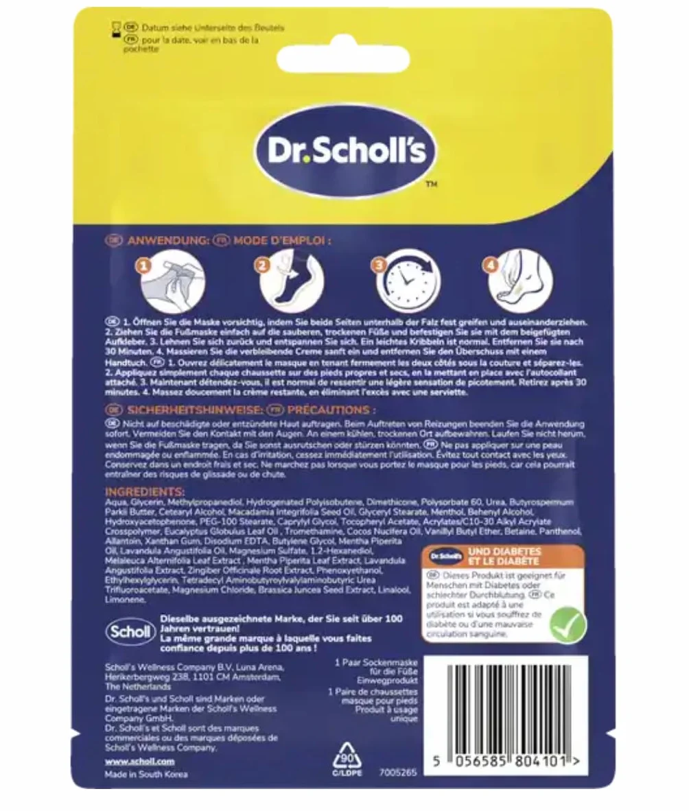 Dr. Scholl's Kojąca i rewitalizująca maska do stóp dla zmęczonych, obolałych stóp, nawilżające skarpety, odprężająca, zmiękcza skórę solą Epsom, mentolem, masłem shea i lawendą
