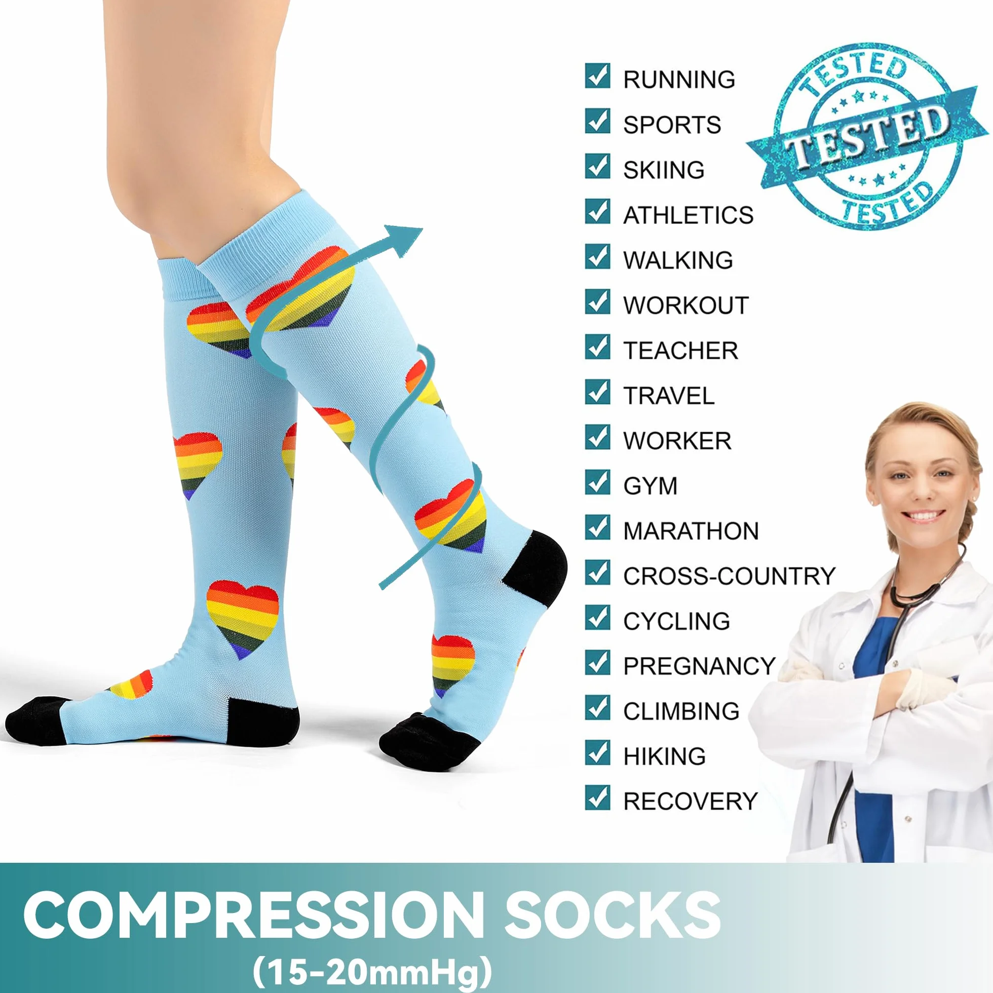 BISOUSOX Skarpety uciskowe unisex 4 pary skarpety kompresyjne do biegania mężczyźni kobiety 15-20 mm Hg wysokie skarpety damskie prezenty ciążowe skarpety rowerowe sportowe
