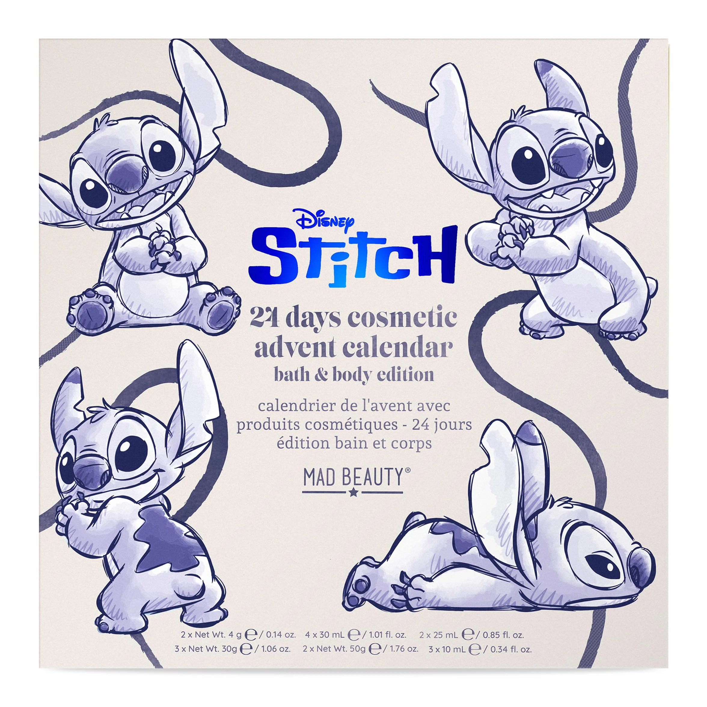 MAD Beauty Disney STITCH kalendarz adwentowy z 24 produktami do makijażu i kosmetyków, wellness, kalendarz adwentowy dla kobiet, z maską na twarz, balsamem do ciała, gumką do włosów – kalendarz