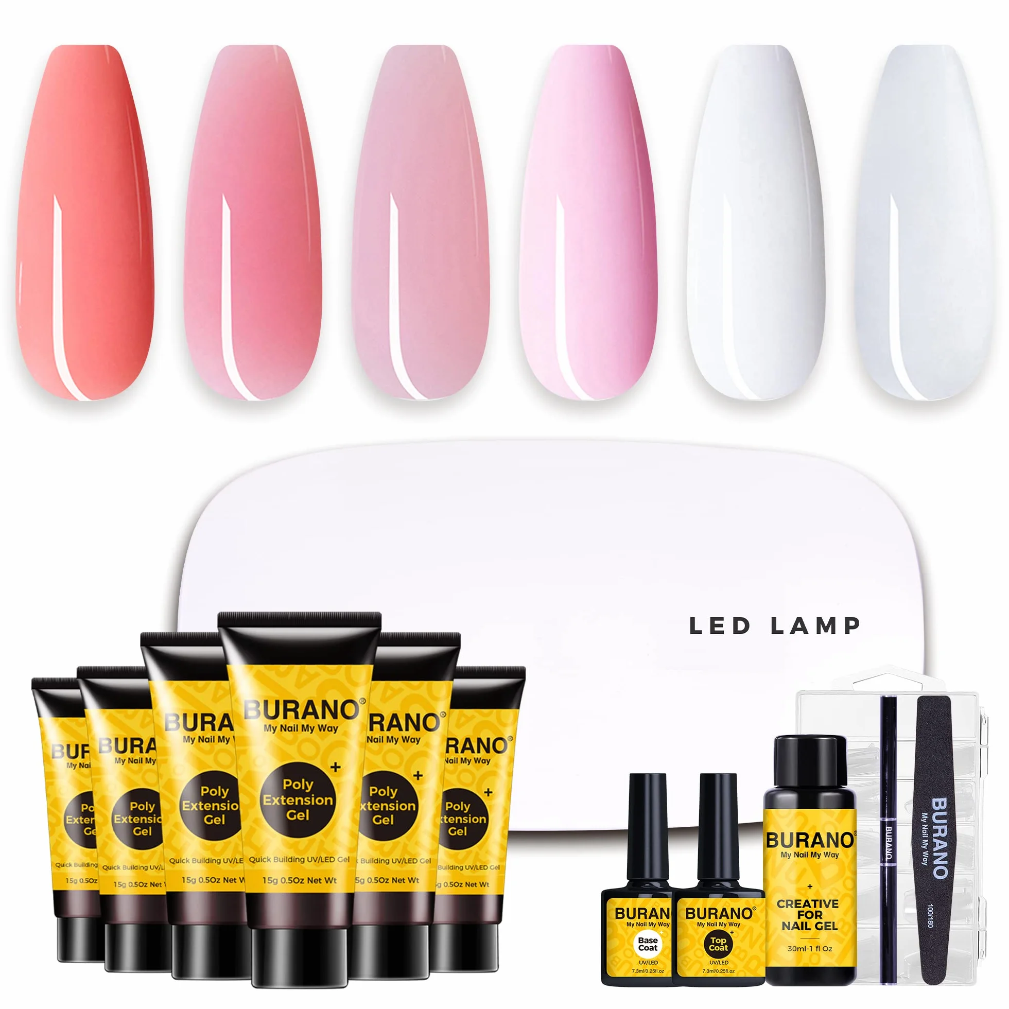 BURANO Poly Nail Gel Kit z UV LED Nail Lamp with Poly Nail Extension Gel Builder Przedłużający Żel Extension Kit Do Nail Salon Zestaw Prezentów dla Kobiet Różowy Nude 2