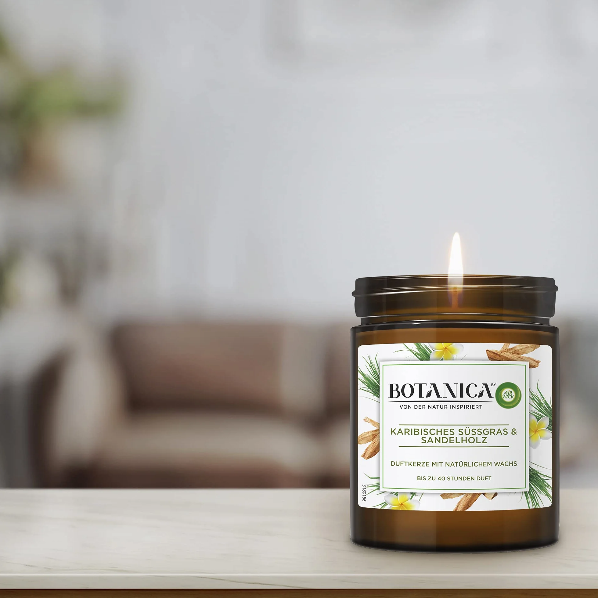 Botanica by Air Wick 6 x świeca zapachowa w słoiku – do 40 godzin na świecę – zapach: słodka trawa i drzewo sandałowe – zrównoważona produkcja z naturalnych składników – 6 x 205 g świeca w słoiku