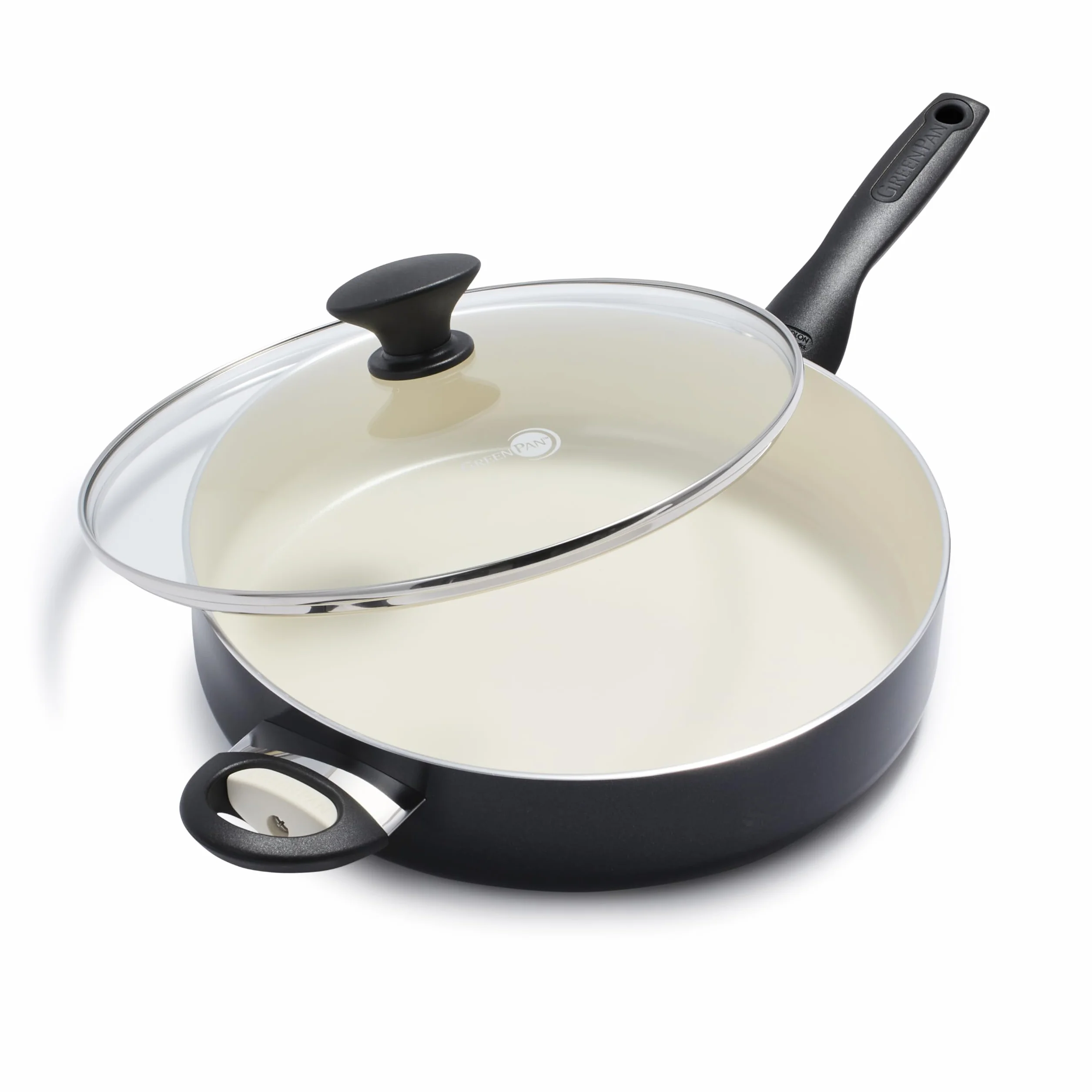 GreenPan Rio zdrowa ceramiczna patelnia nieprzywierająca 30 cm/4,8 litra z pokrywką, bez PFAS, uchwyt do chłodzenia, bezpieczny w piekarniku do 160°C, nadaje się do zmywarki, czarno-kremowy, nie nadaje się do indukcji