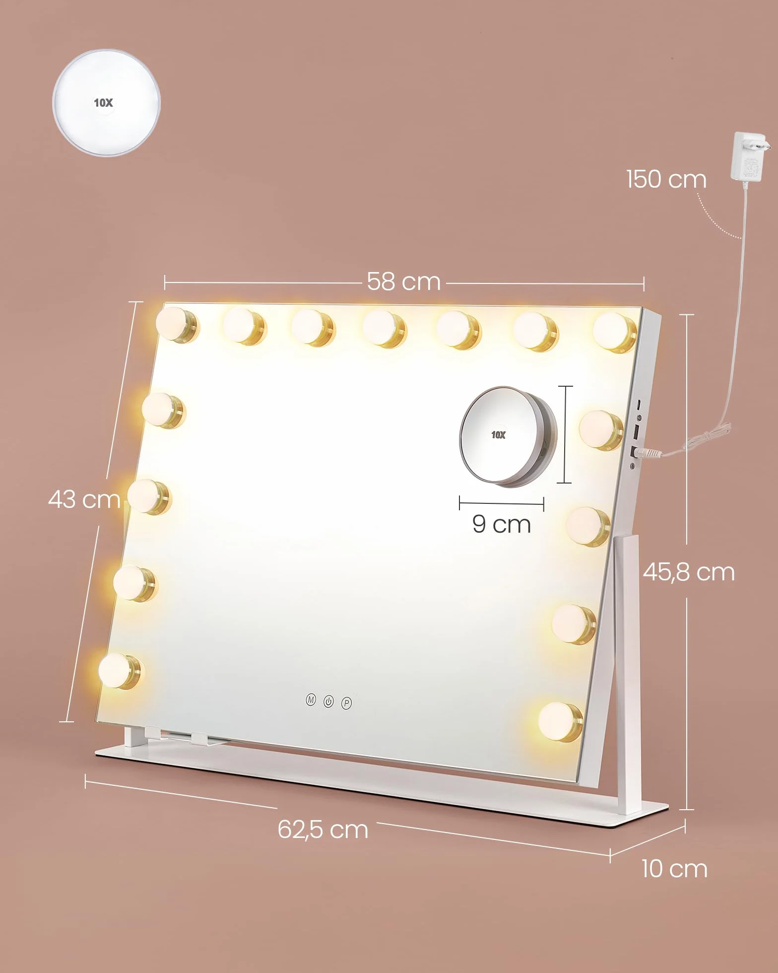 SONGMICS Podświetlane lustro do makijażu, 58 x 43 cm, lusterko kosmetyczne z 15 żarówkami LED, z portami ładowania, sterowaniem dotykowym, 3 kolorami światła, matowa biel LWM001W02