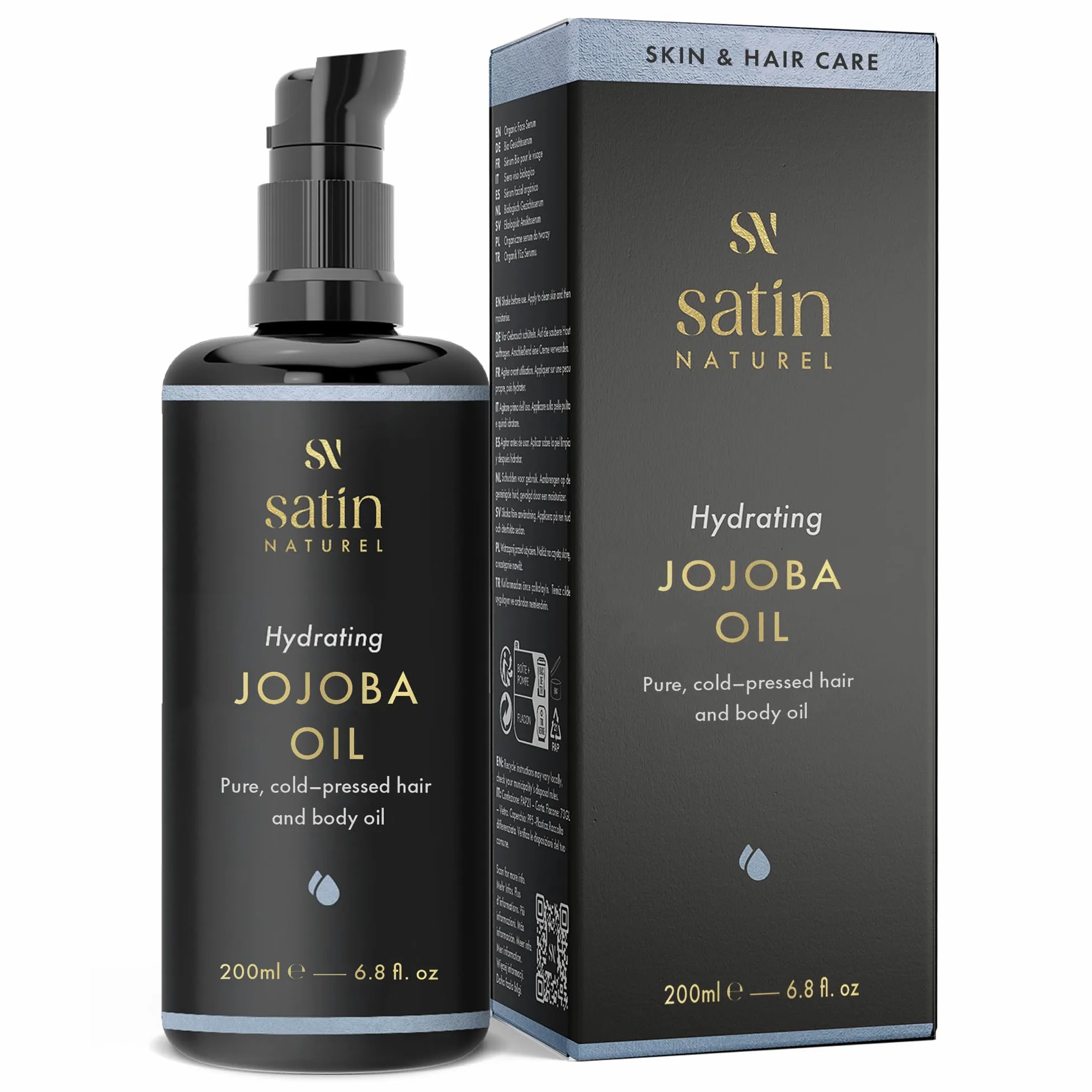 Satin Naturel Organiczny olej jojoba 200 ml wegański na zimno 100% czysty witamina E pielęgnacja skóry włosów paznokci
