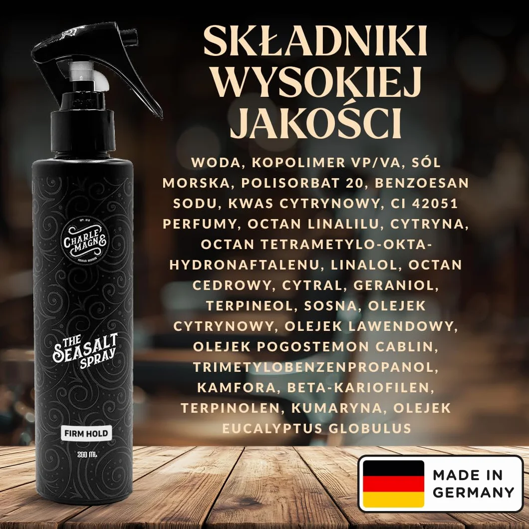 Charlemagne Spray z solą morską dla mężczyzn, spray do włosów o objętości i falowane loki plażowe z ochroną cieplną, matowe wykończenie, wyprodukowano w Niemczech, 200 ml (1 szt., mocne trzymanie)
