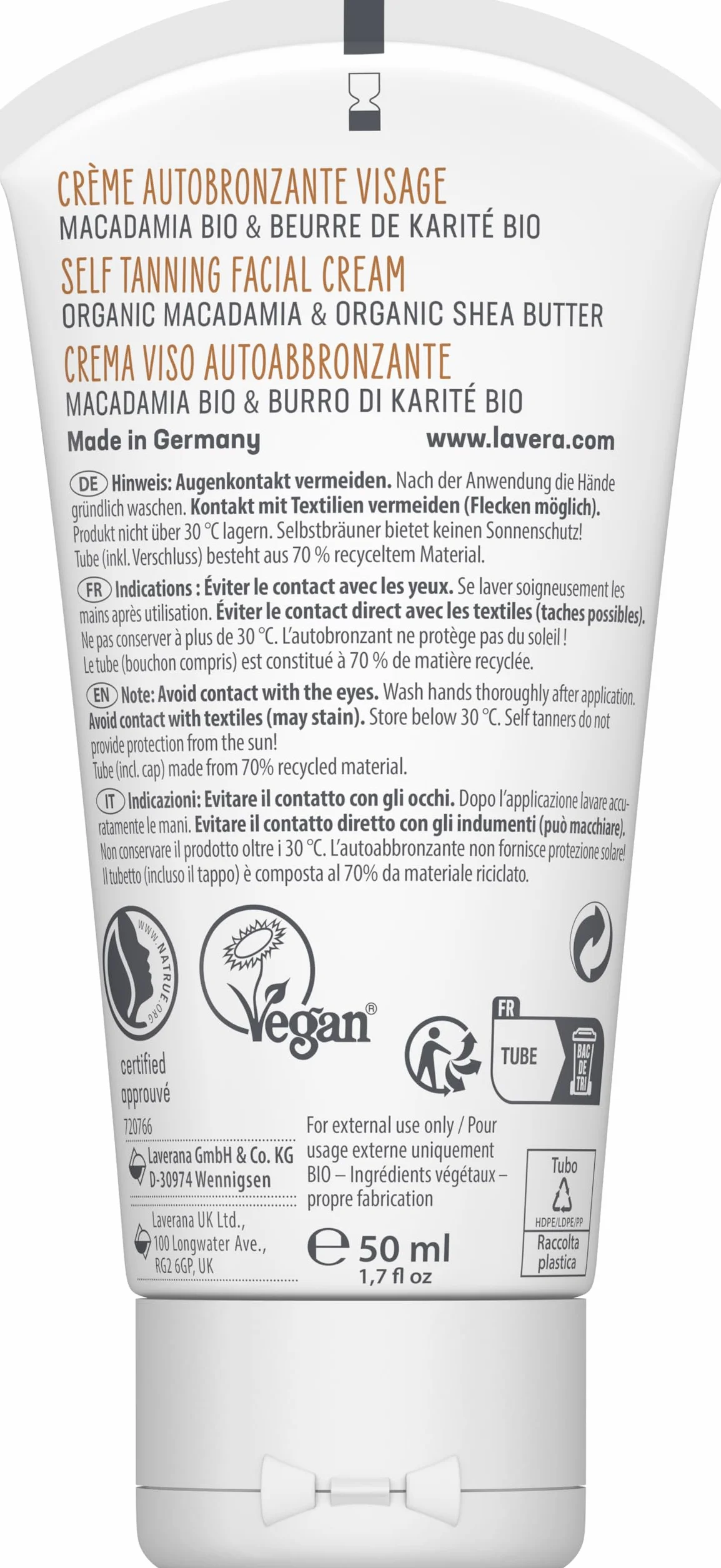lavera Krem samoopalający do twarzy – samoopalacz – naturalna opalenizna – nawilżający – wegański – naturalny kosmetyk – 50 ml