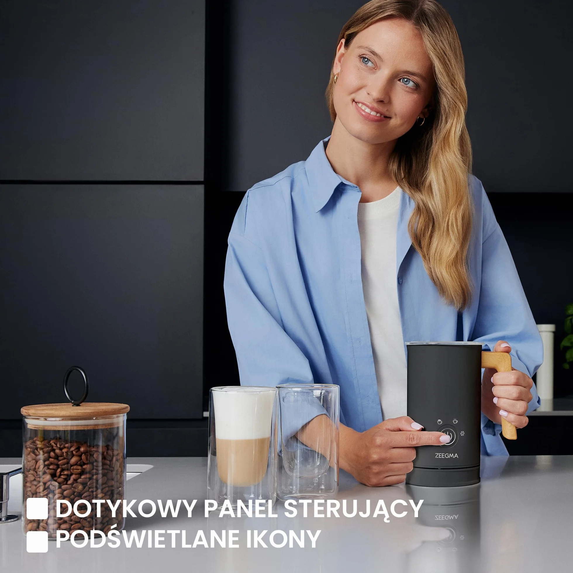 ZEEGMA MILKEE Spieniacz do Mleka Moc 500 W Pojemność 650 ml Spienianie Podgrzewanie Mleka i Zimnej Pianki do Cappuccino, Nieprzywierająca Powłoka, Kawy Latte, Kakao Dotykowy Panel