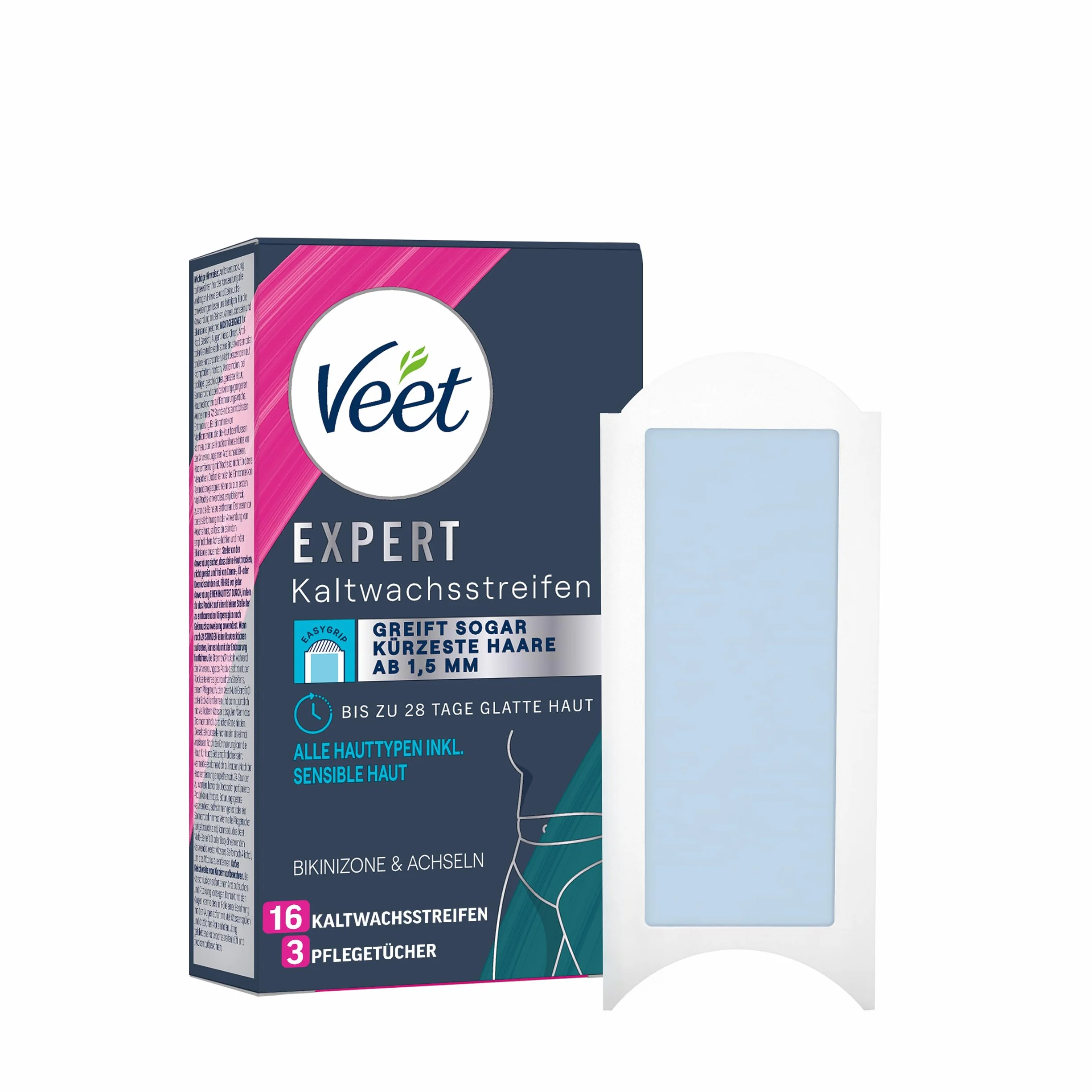 Veet Expert paski woskowe na zimno strefy bikini i pachy – paski woskowe do usuwania włosów do wszystkich rodzajów skóry, w tym skóry wrażliwej – 8 podwójnych pasków = 16 pasków