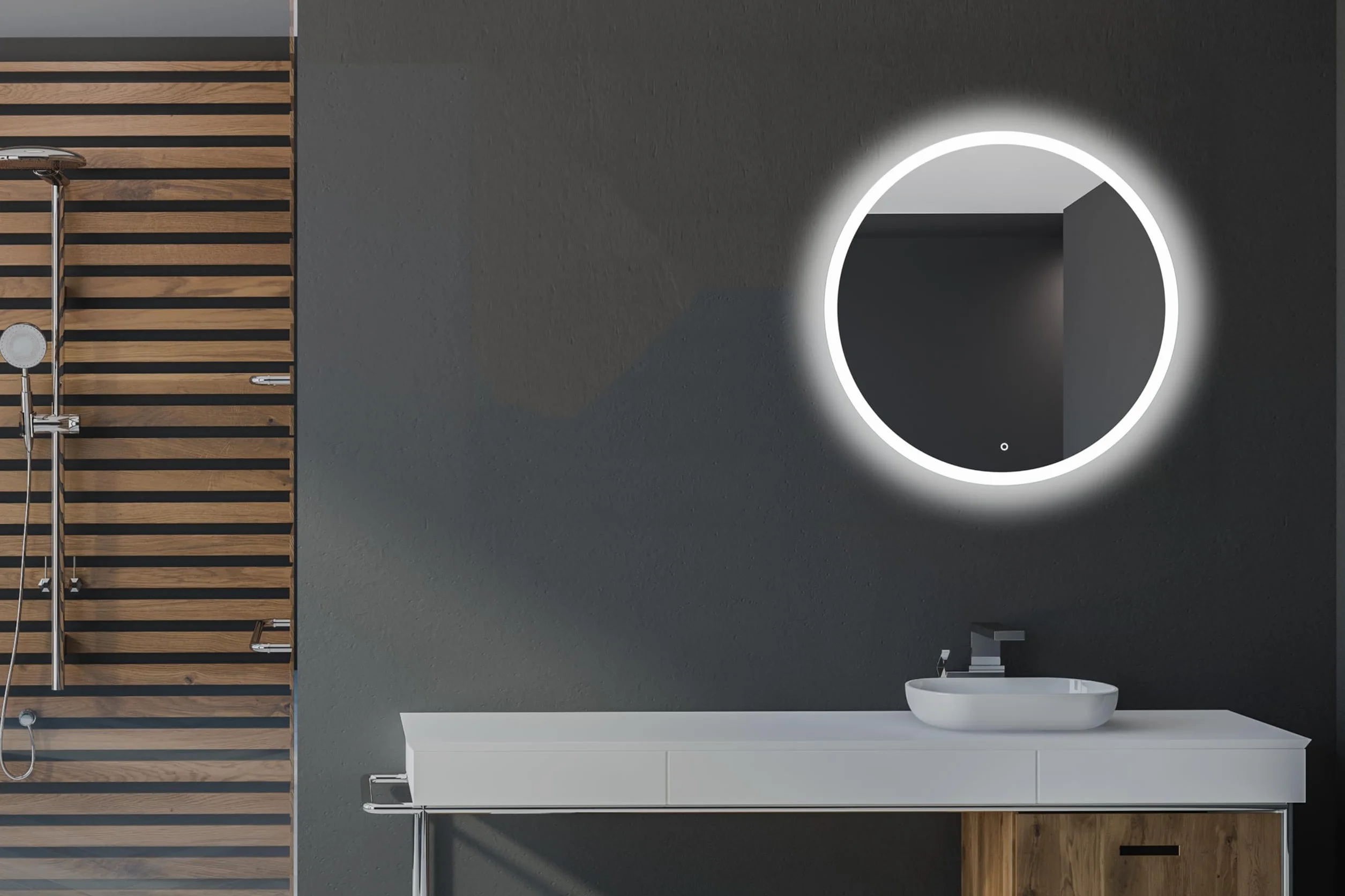 50 cm Okrągłe lustro łazienkowe z oświetleniem LED, Okrągłe lustro ścienne LED z włącznikiem, Lustro z naturalnym białym z światłem, Podświetlane z przodu
