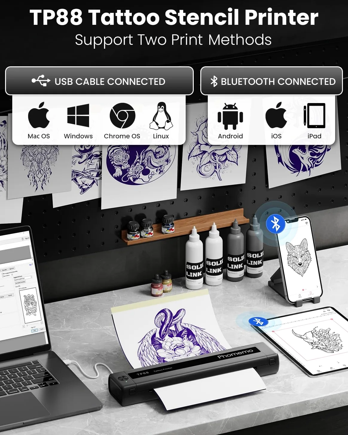 Phomemo Drukarka do Tatuażu, TP88 Tattoo Printer, Drukarka Termiczna do Tatuażu Bluetooth A4, Przenośna Drukarka do Tatuażu do Tatuażu dla DIY z 10-sztuk Papierami do Tatuażu