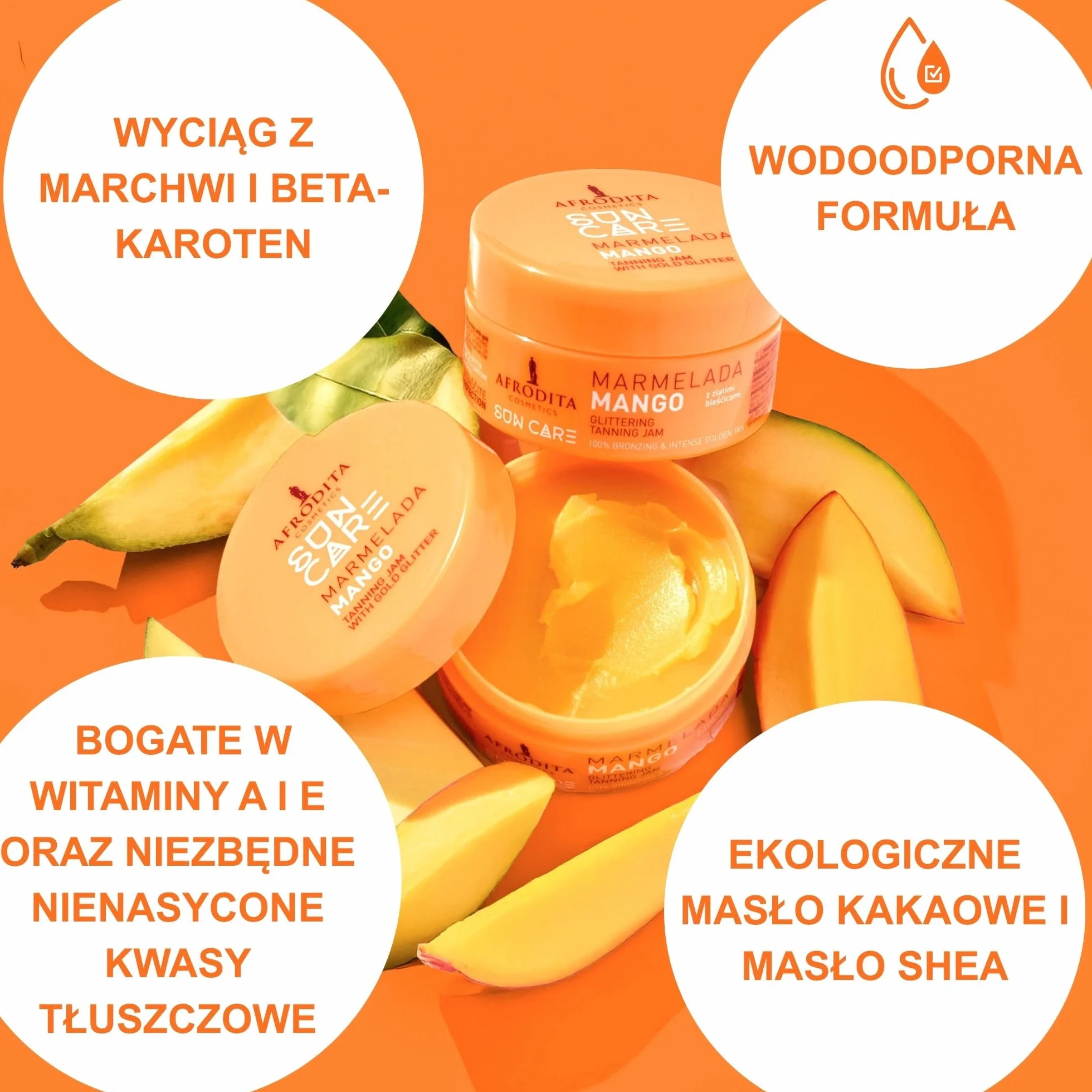 Afrodita Cosmetics Marmelada Mango przyspieszacz opalania – wegański dżem opalający ze złotym brokatem dla szybkiej naturalnej opalenizny – wodoodporny z ekstraktem z marchewki, masłem kakaowym i shea