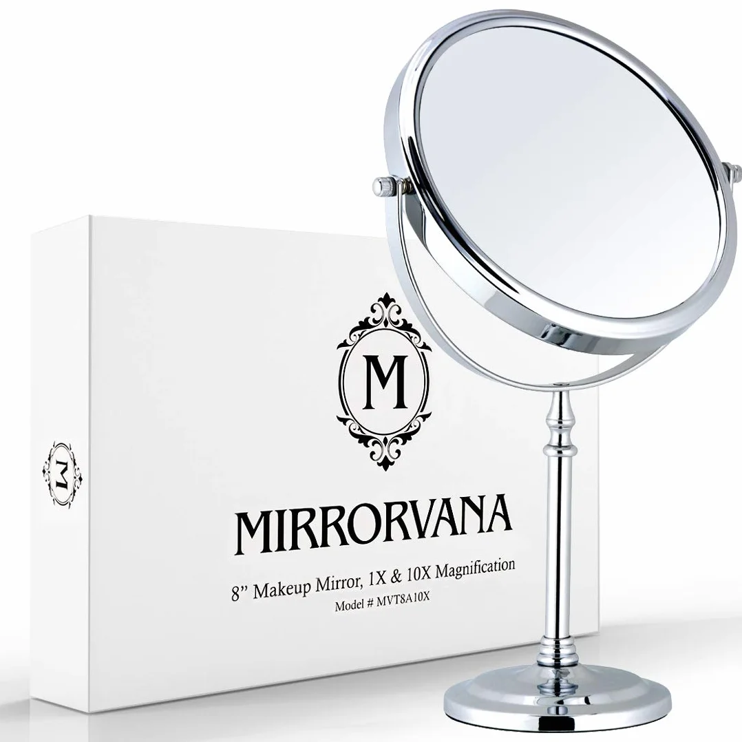 MIRRORVANA Duże 10-krotne powiększające lustro do makijażu na stojaku do sypialni i łazienki, klasyczne wolnostojące okrągłe lustro stołowe z dwustronnym powiększeniem 10X/1x, 38 cm wysokości i 20 cm