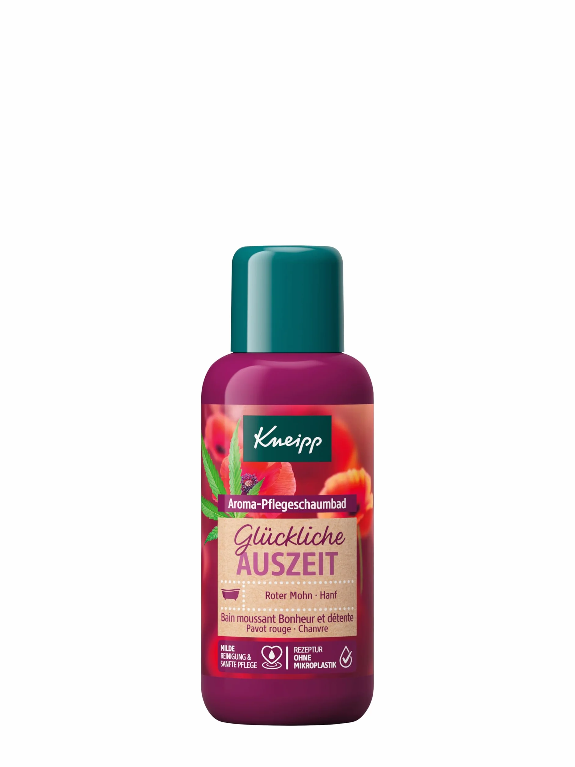 Kneipp Aromatyczna kąpiel z pianki pielęgnacyjnej Happy Auseit rozmiar podróżny – dodatek do kąpieli z naturalnymi olejkami z czerwonego maku i konopi – nastrojowy zapach – zapewnia miękkie i