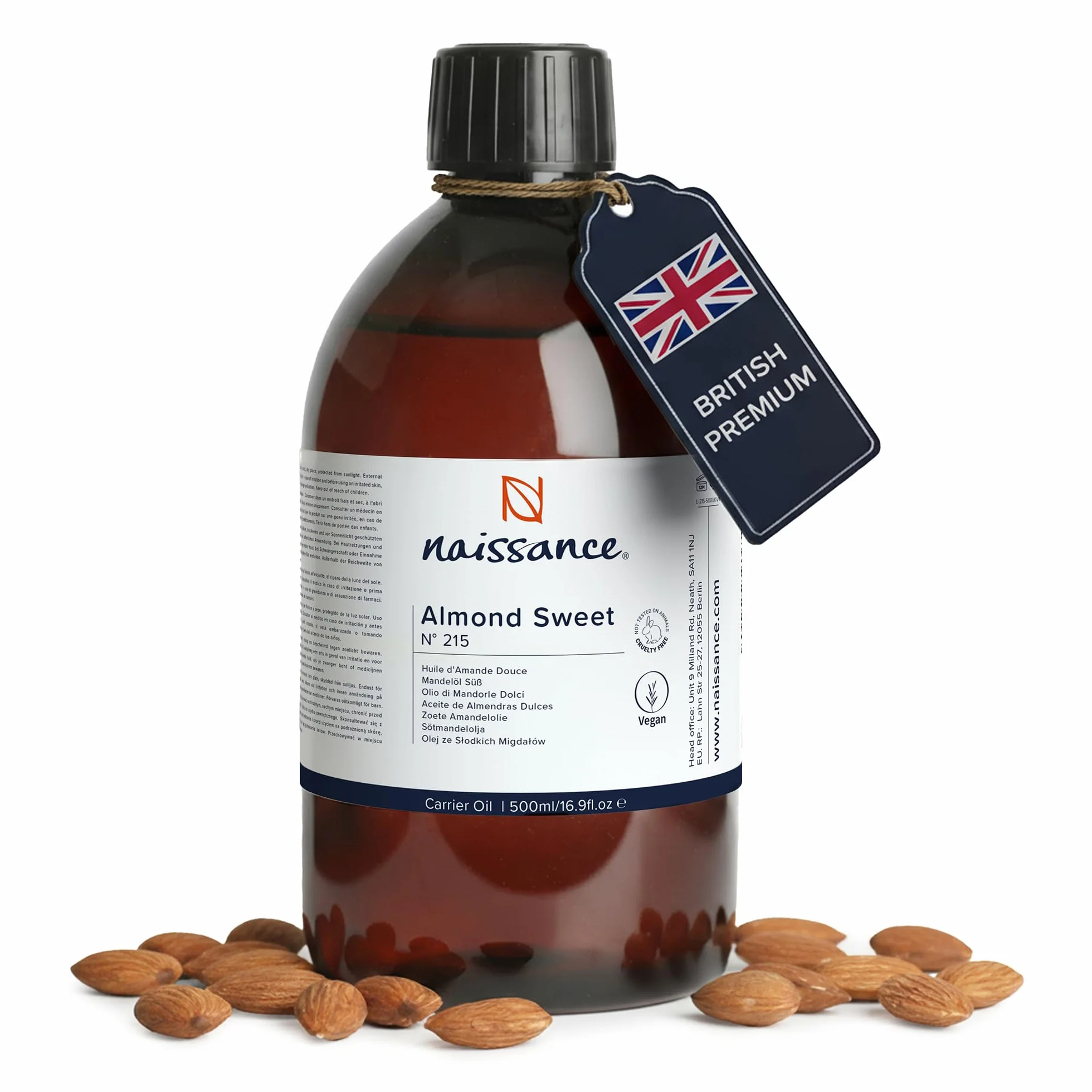 Naissance Naturalny Olej Migdałowy (nr 215) 500 ml – Olej ze Słodkich Migdałów do Pielęgnacji Włosów i Ciała, do Aromaterapii, Olej Bazowy do Olejków do Masażu
