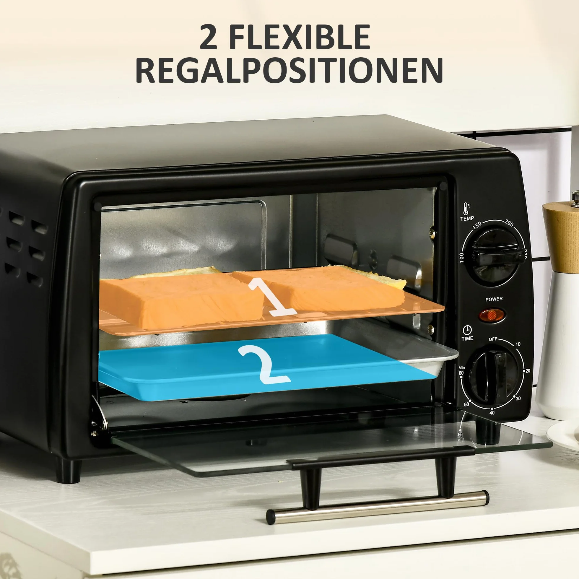 HOMCOM Mini piekarnik 10 l, 750 W, mały piekarnik elektryczny z temperaturą do 230°C, timer 60 minut, blacha do pieczenia i ruszt 36,5 x 26 x 22 cm, czarny