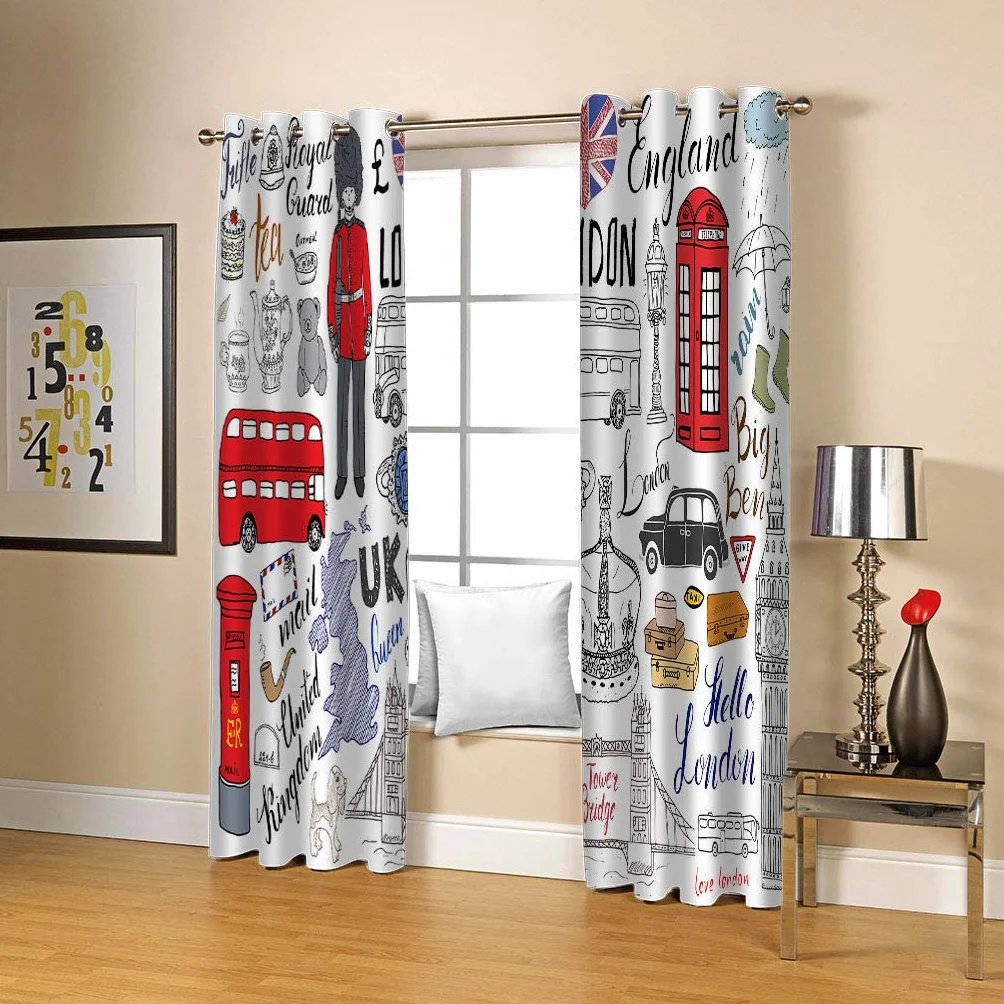 Zasłony zaciemniające 3D do pokoju dziecięcego, Londyn, 2 x szer. 110 x wys. 215 cm, 100% poliester, odpowiednie do salonu, sypialni, łazienki, zasłona zaciemniająca, izolacja cieplna