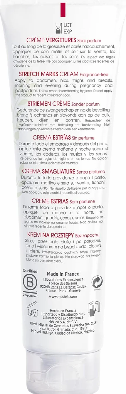 Mustela Krem rozstępowy, zapobiegający rozstępom z awokado i shea, bez zapachu, ciała, dla wszystkich kobiet, bezpieczny w ciąży i karmieniu, nawilża i łagodzi skórę (150 ml)