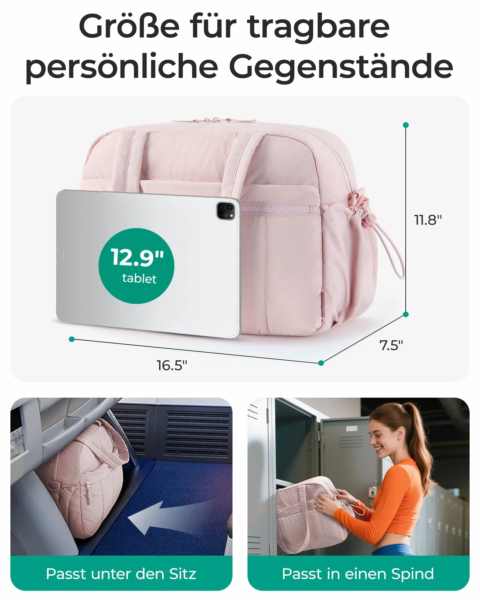 BAGSMART Torby Podróżne Damska, 24L Torba Sportowa na Siłownię Wypełniona Puchem, Duża Pojemność, Wodoodporna Torba Podróżna, Lekka Torebka z Wodoodporną Torbą z PVC, Różowy, M