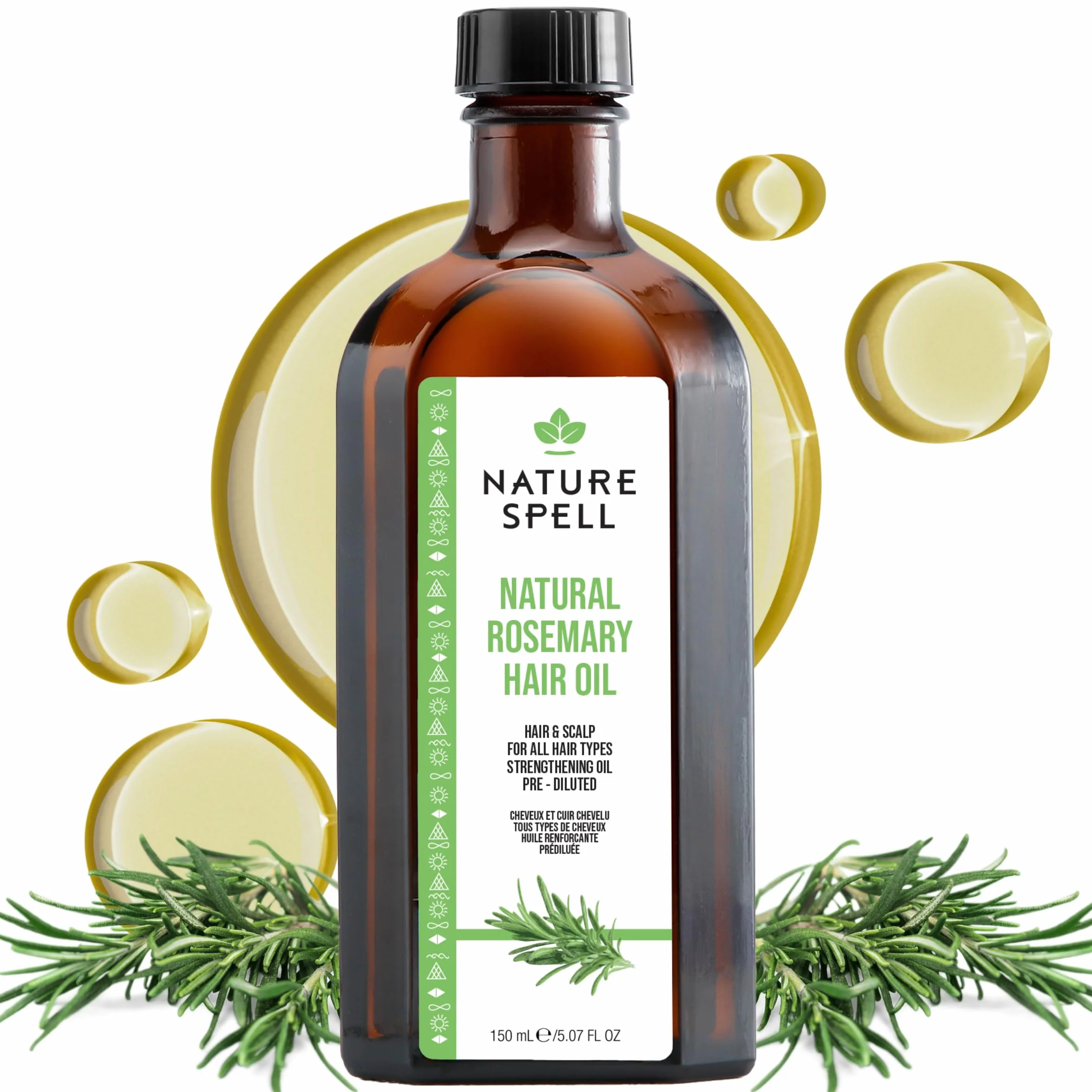 Nature Spell Olejek Rozmarynowy na Wzrost Włosów, Rozcieńczony Olejek do Skóry Głowy, Wzmacnia i Odżywia Suche oraz Zniszczone Pasma, Dla Wszystkich Typów, Wegański, 150 ml