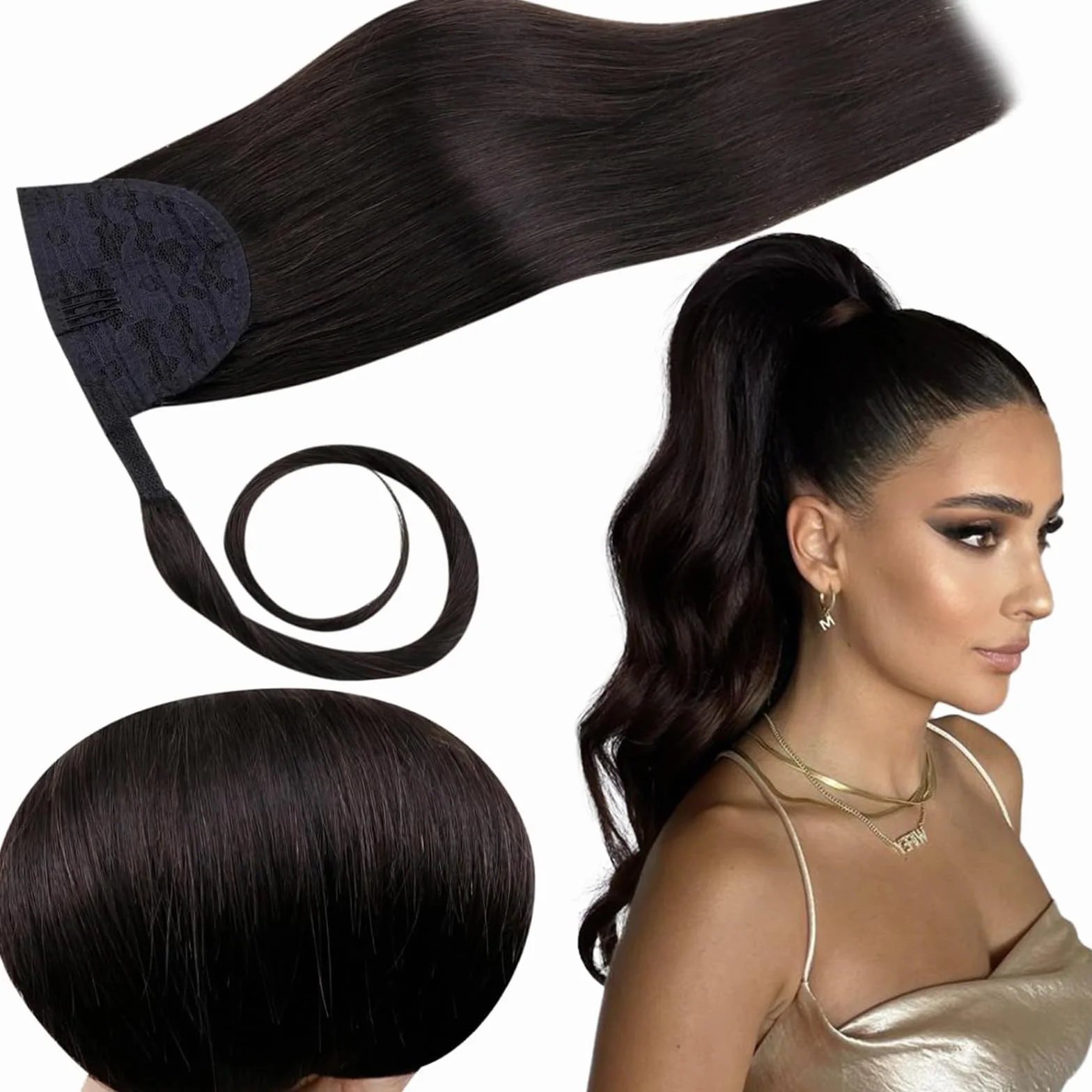 RUNATURE Naturalny Czarny Kucyk #1B Włosy Ludzkie 12 cali 30 cm Wrap Around Ponytail 70g