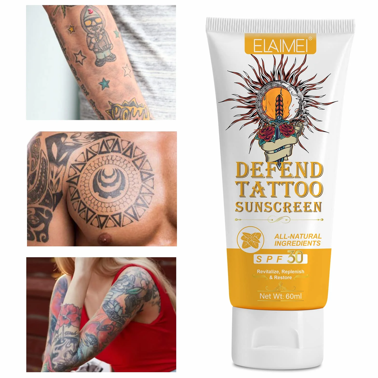 VRAIKO ELAMEI Tattoo Sunscreen SPF 30+, 70% Natural Ingredients Tattoo Fade Protection Moisturizer with Aloe, argan, Rose Hips Oil, Masło Cocoa, Non-Greasy Formula, 2oz