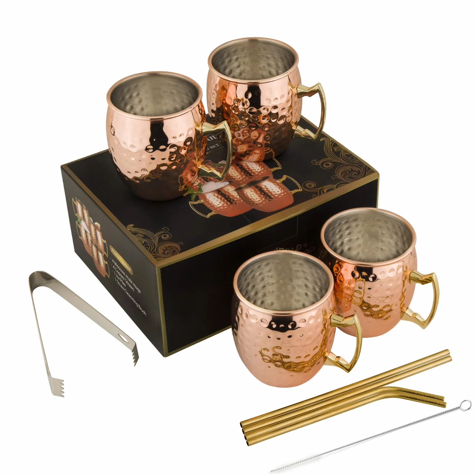 Moscow Mule zestaw 4 kubków, miedziane kubki Moscow Mule, młotkowane, ręcznie wykonane szklanki do koktajli z 4 miedzianymi filiżankami, 4 słomki, 1 szczypce do lodu, idealne dla krewnych i przyjaciół.