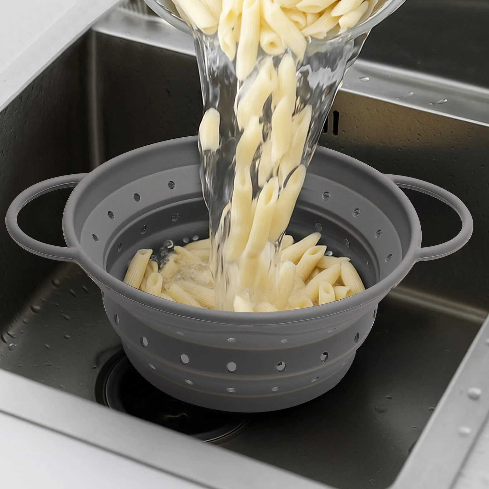 Sitko silikonowe, składane, Ø 22 cm, szare, silikonowe sitko kuchenne z uchwytami, kosz ociekający, sitko do makaronu, warzyw i owoców – sitko kuchenne, nadaje się do mycia w zmywarce, do kuchni i na