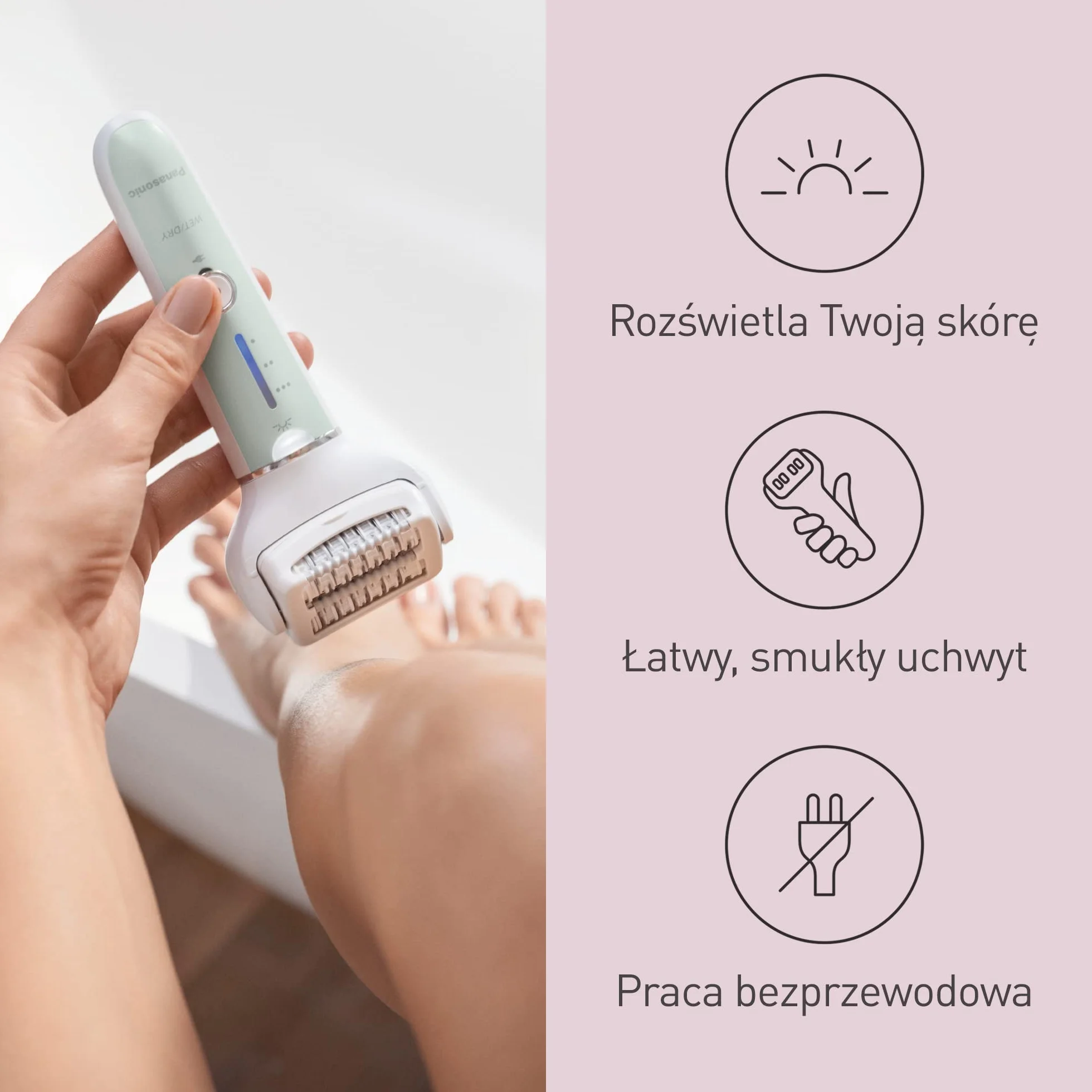 Panasonic ES-EY70-G503 Depilator mokry i suchy, podwójny dysk z 60 pincetami, elastyczna głowica obrotowa 90 °, 3 ustawienia prędkości i światło LED, czas pracy 30 minut, pielęgnacja stóp.