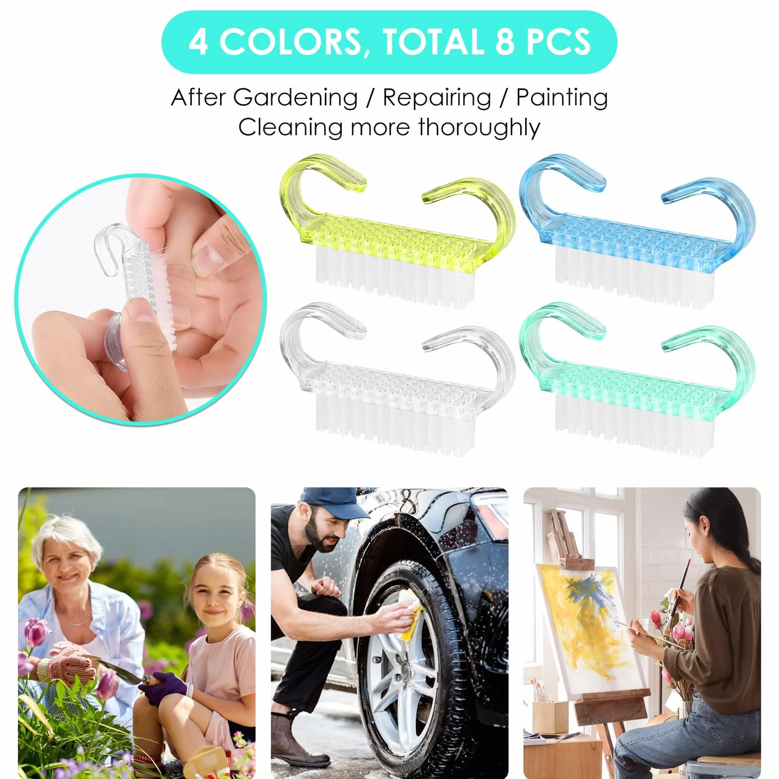8 sztuk szczoteczki do paznokci, Abeillo szczoteczka do paznokci, uchwyt z tworzywa sztucznego, szczoteczki do peelingu i czyszczenia paznokci, szczoteczka do manicure i pedicure do czyszczenia kurzu