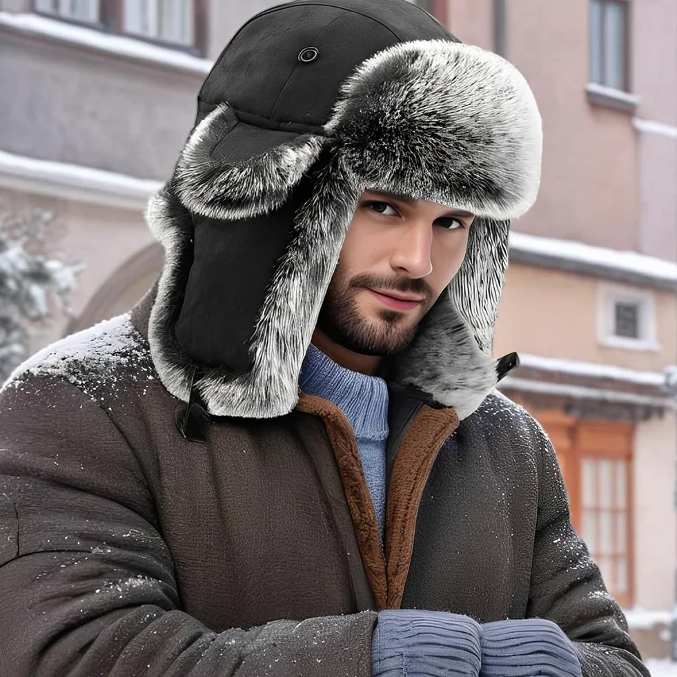 Asudaro Zimowa czapka męska czapka traperska gruba ciepła czapka z klapkami na uszy futrzana czapka zimowa rosyjska czapka zimowa outdoorowa jazda na nartach zimna czapka