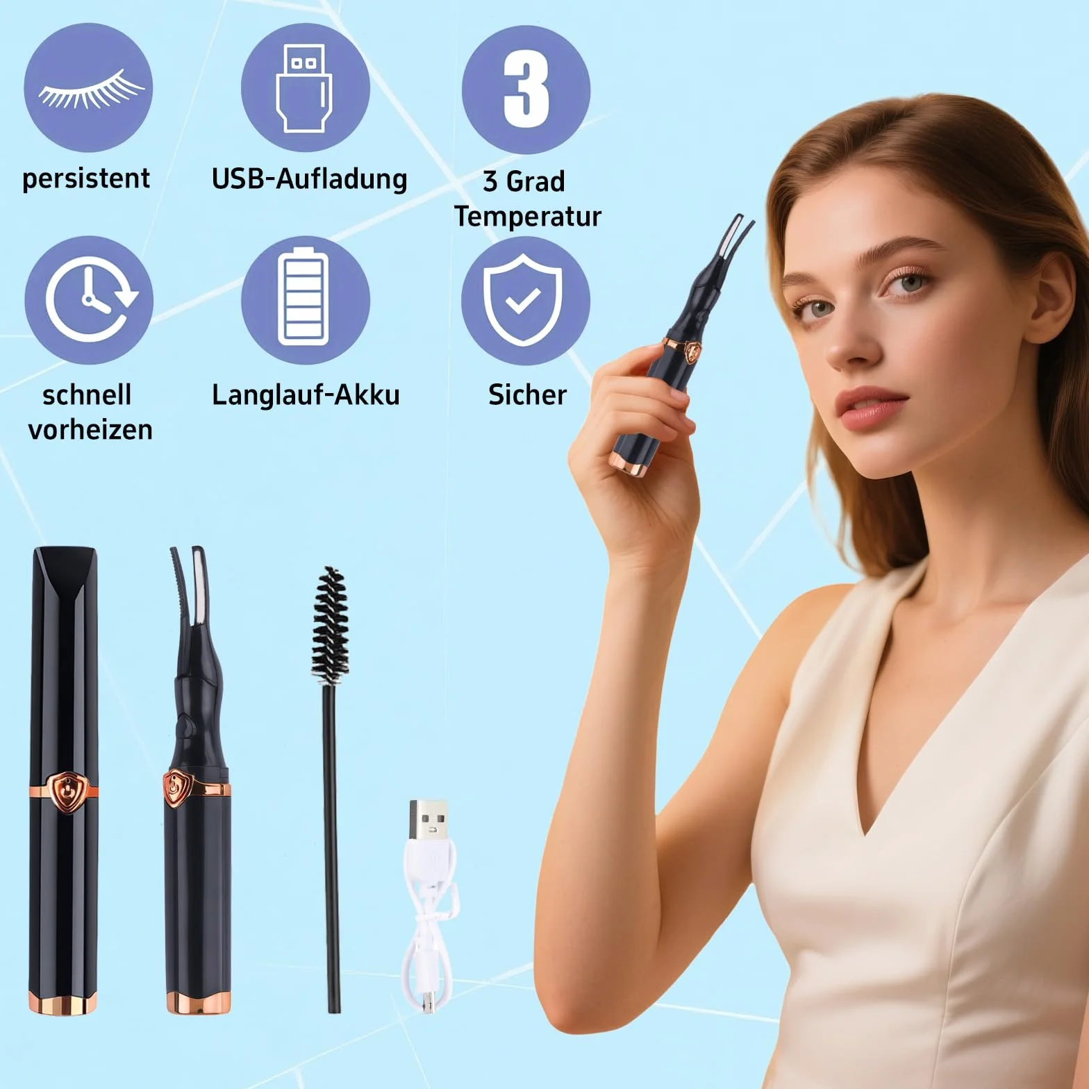 Yootiko Podgrzewany pręt do rzęs, elektryczna zalotka do rzęs Ogrzewana lokówka do rzęs USB ze szczotką do rzęs 3 tryby temperatury 15 s szybkie nagrzewanie dla prawdziwych sztucznych rzęs dobre