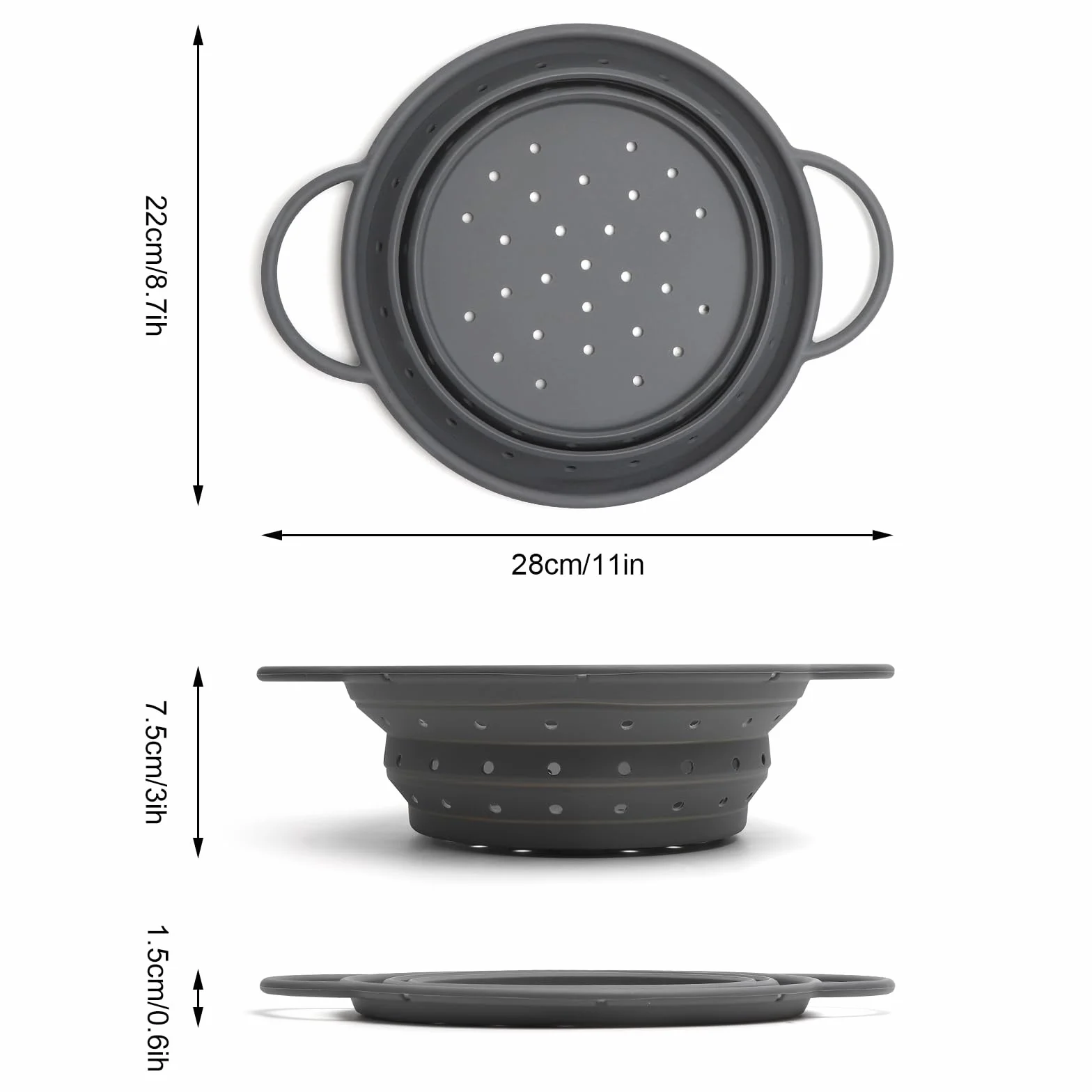 Sitko silikonowe, składane, Ø 22 cm, szare, silikonowe sitko kuchenne z uchwytami, kosz ociekający, sitko do makaronu, warzyw i owoców – sitko kuchenne, nadaje się do mycia w zmywarce, do kuchni i na