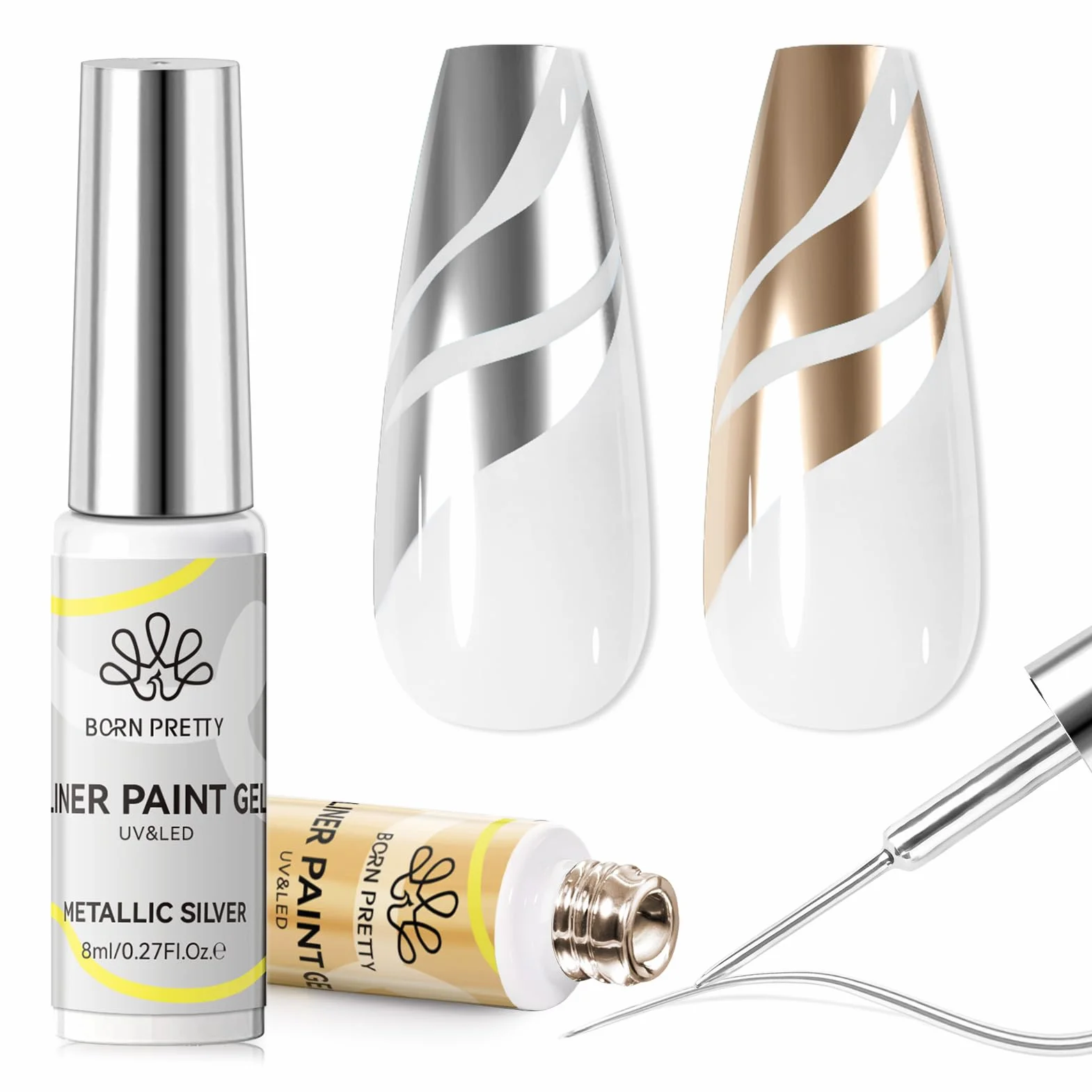 Born Pretty Zestaw żelowych lakierów do paznokci - Mirror Chrome Silver Gold Gel Liner Nail Art Metaliczny efekt lustrzany Swirl Nail Art Gel Polish zestaw do manicure do salonu DIY