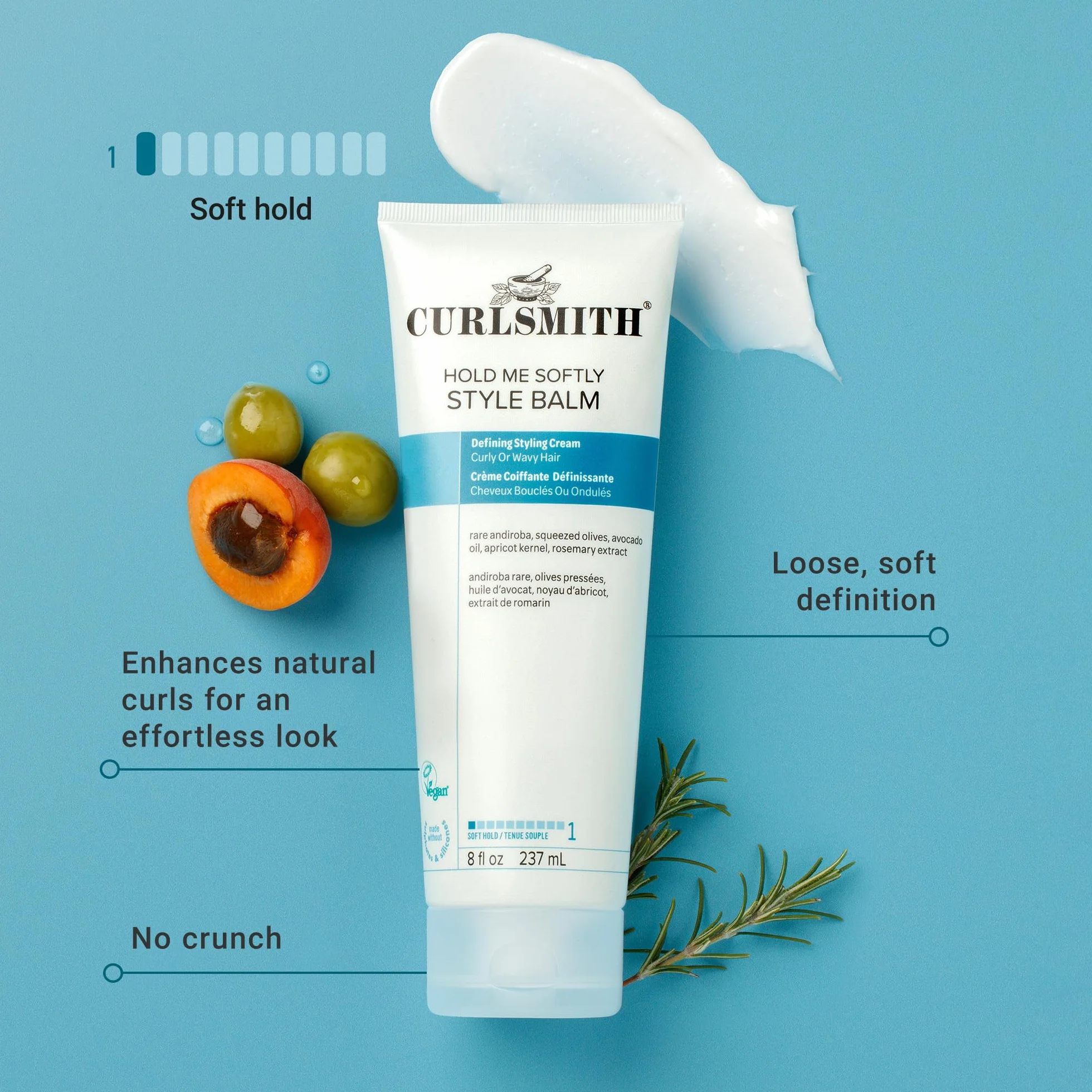 Curlsmith Hold Me Softly Style Balm Krem do loków z miękkim utrwaleniem, lekki, bez efektu chrupiącego, do wszystkich rodzajów loków, wegański i wolny od okrucieństwa