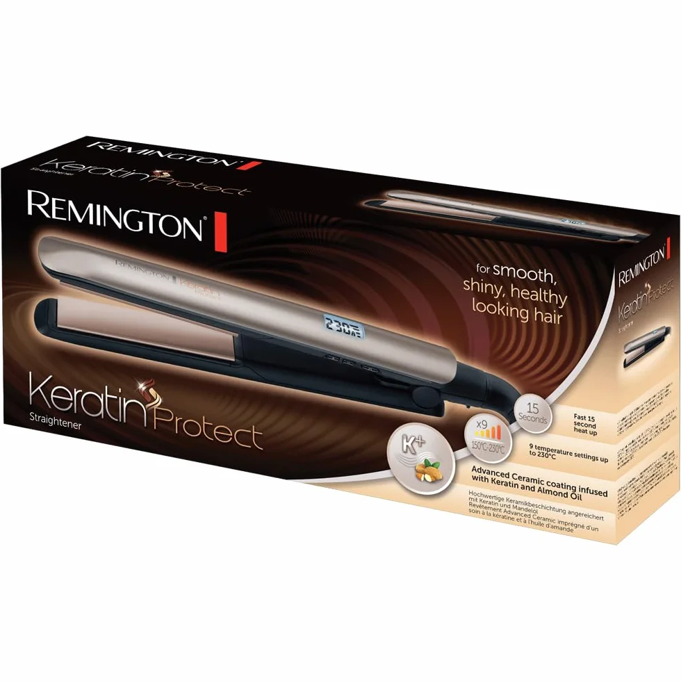 Remington prostownica do włosów, powłoka z keratyną i olejkiem migdałowym, PRO+ dla zdrowej stylizacji, zakres temp. 150-230°C, funkcja Turbo, ruchome płytki, etui, brązowa, Keratin Protect S8540