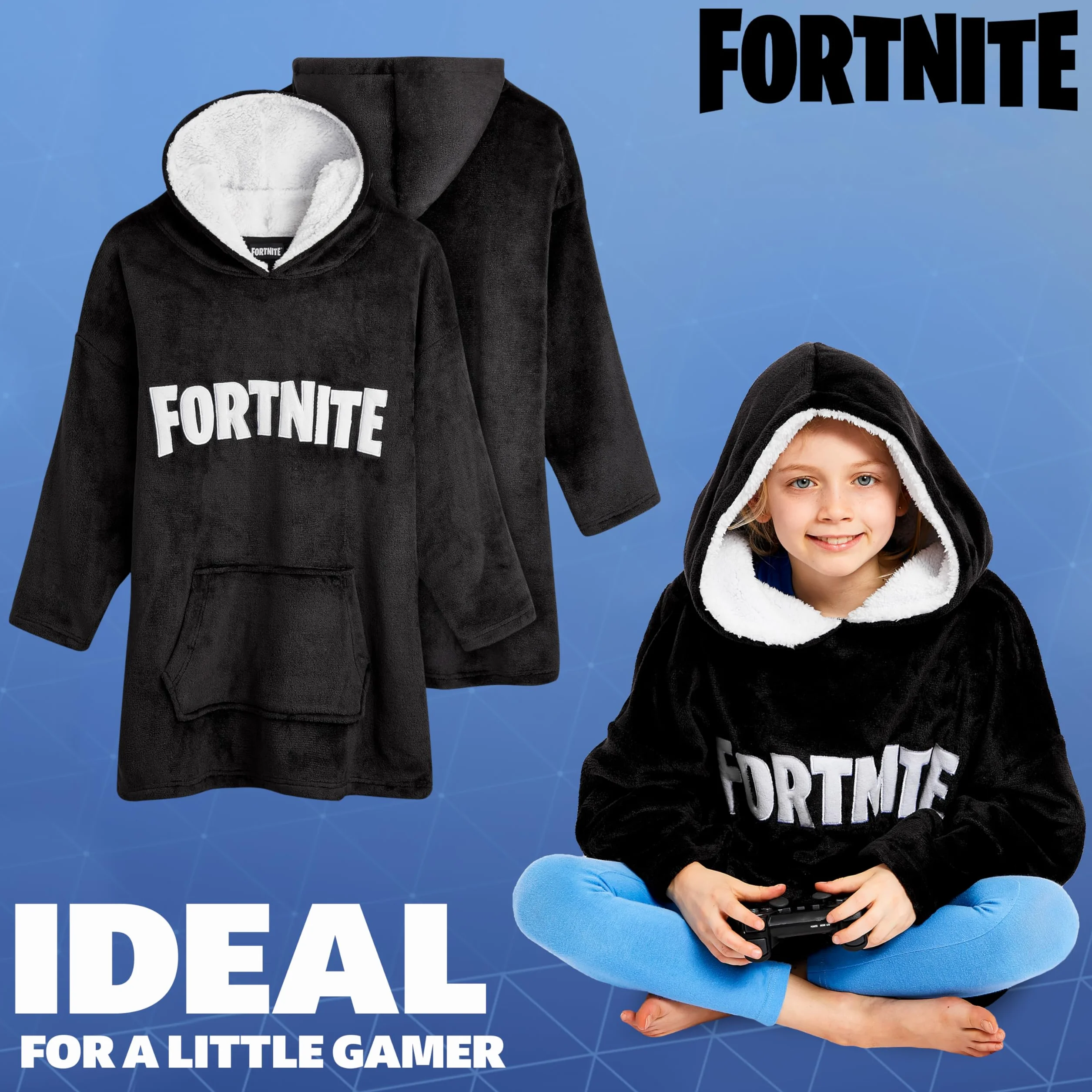 Bluza z kapturem dla dzieci Fortnite, bardzo duży rozmiar, miły koc z rękawami, ciepły polar, bluza dla graczy, przenośny koc z rękawami, czarny, jeden rozmiar